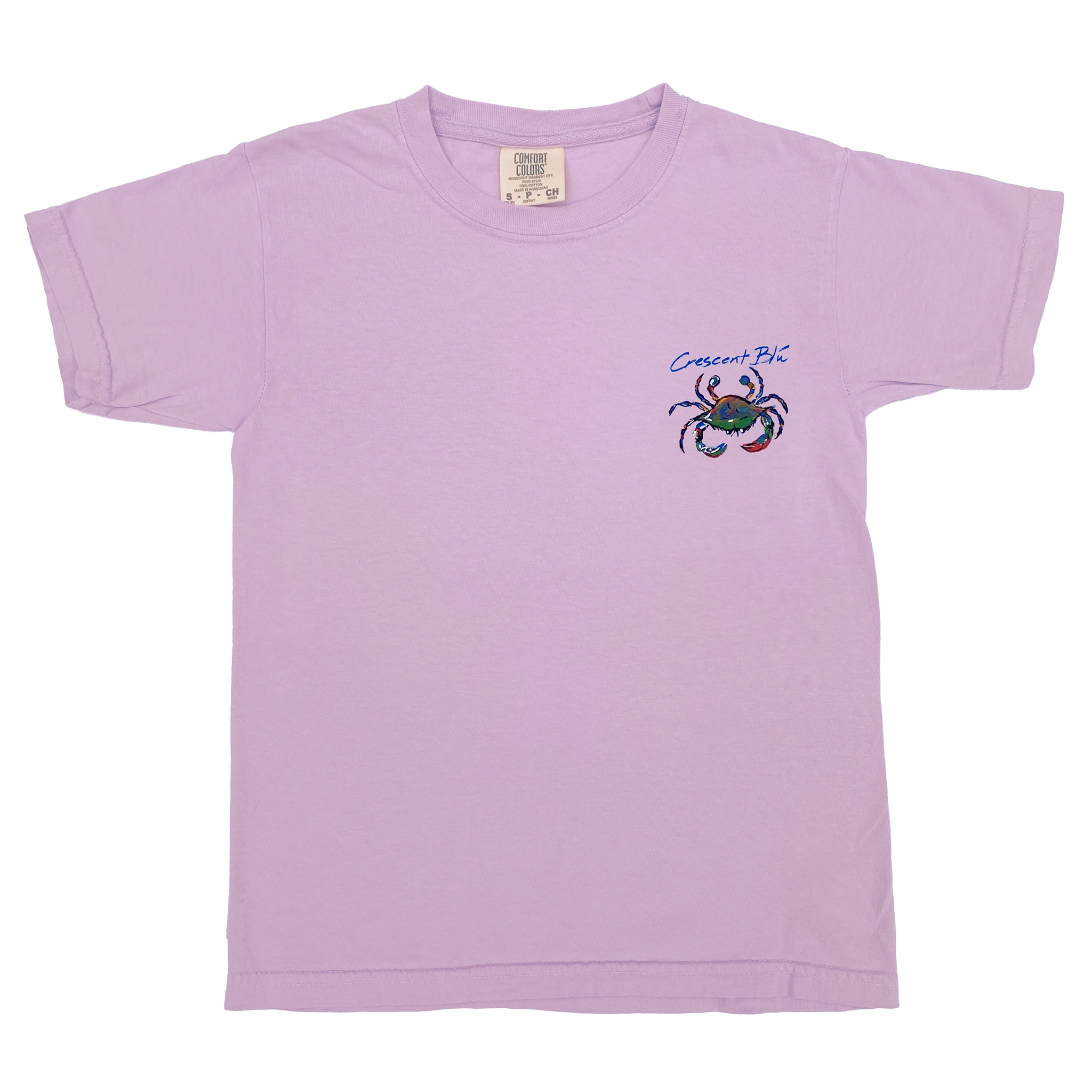childs orchid shirt presenting a colorful crab on upper left chest