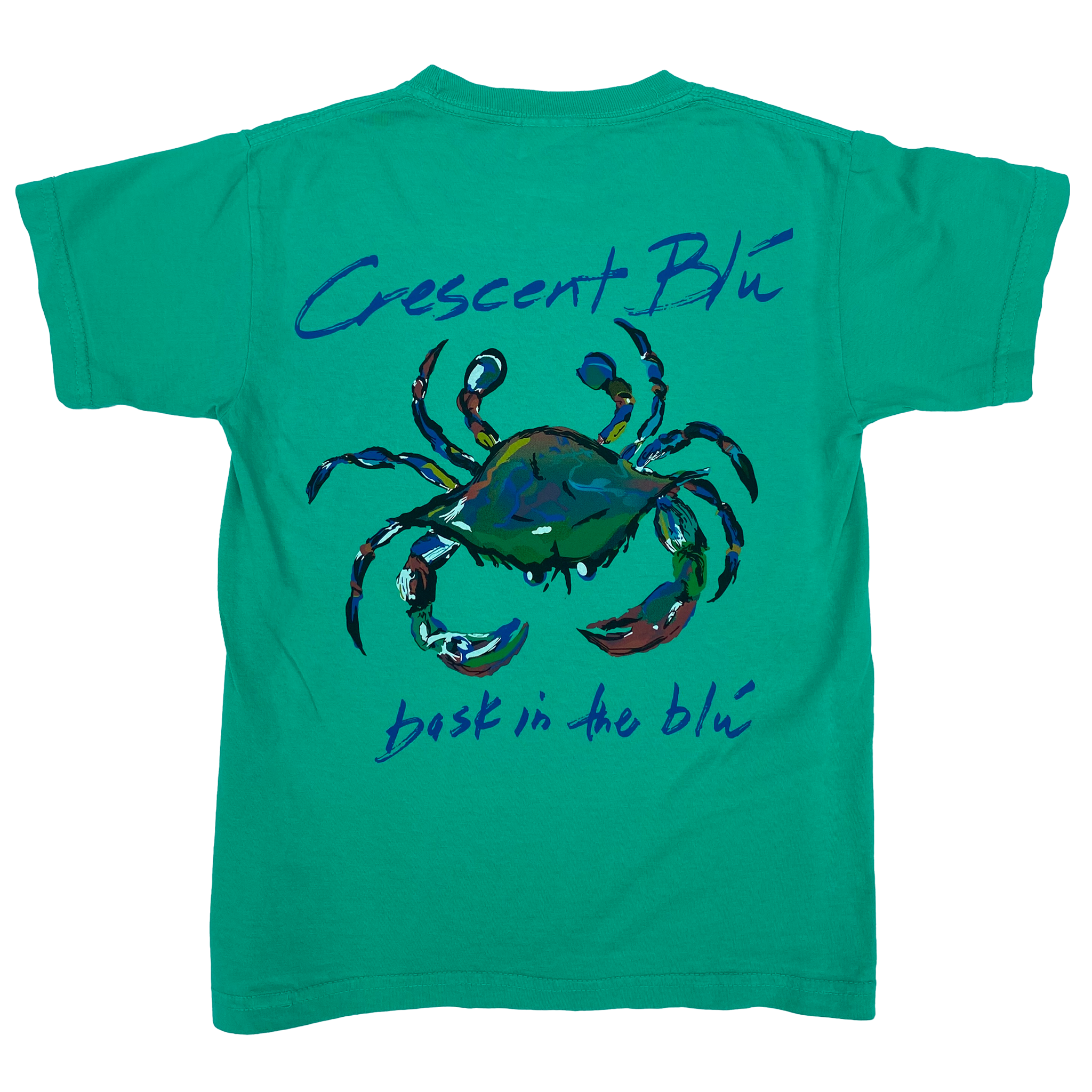 centered colorful crab on back of youth lagoon green shirt