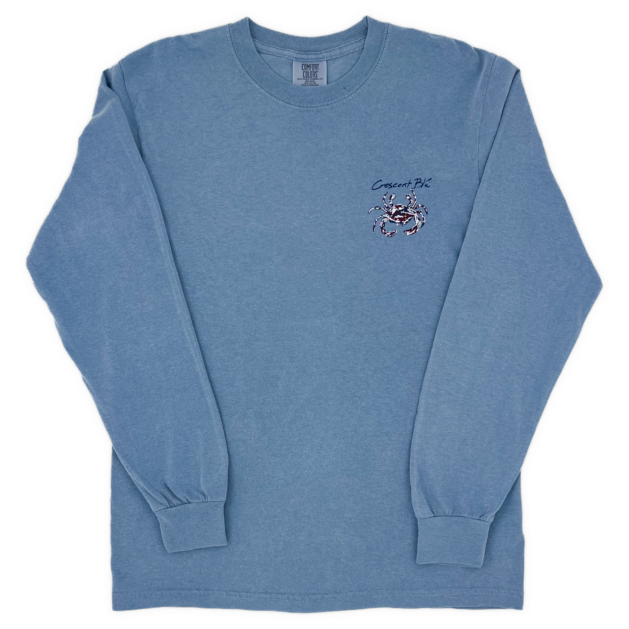 A crimson, navy, and white crab with the words Crescent Blú above it, is on the front left chest of a blue jean colored long sleeve t-shirt.