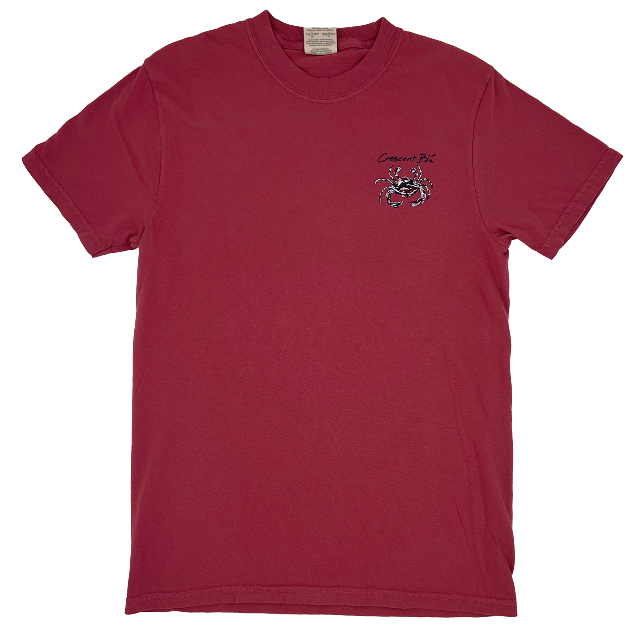 The front of a Chili red short sleeve t-shirt with a crab on the left chest and the words, "Crescent Blú" above it. 