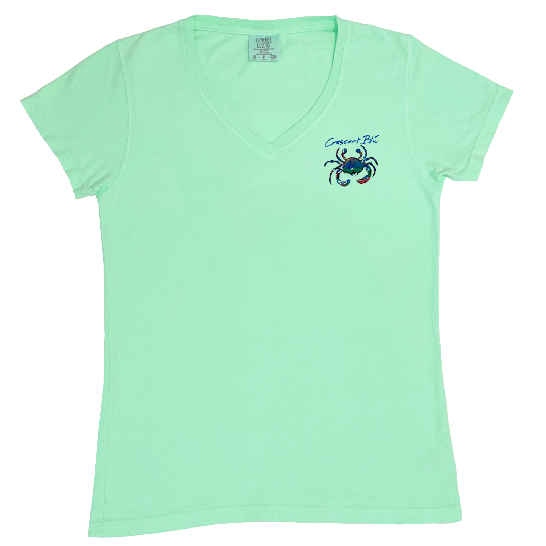 Front view of Ladies Cut, V-neck Island Green short sleeve T-shirt with multi-colored Signature Crab logo on upper left chest of shirt