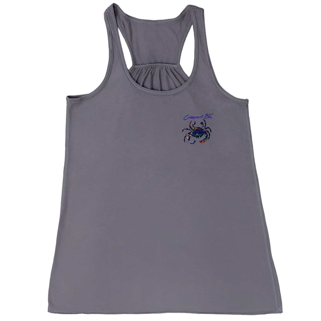 Front view of Grey Racerback Ladies tank top with small multi-colored Crescent Blu Signature Crab logo on the front left chest