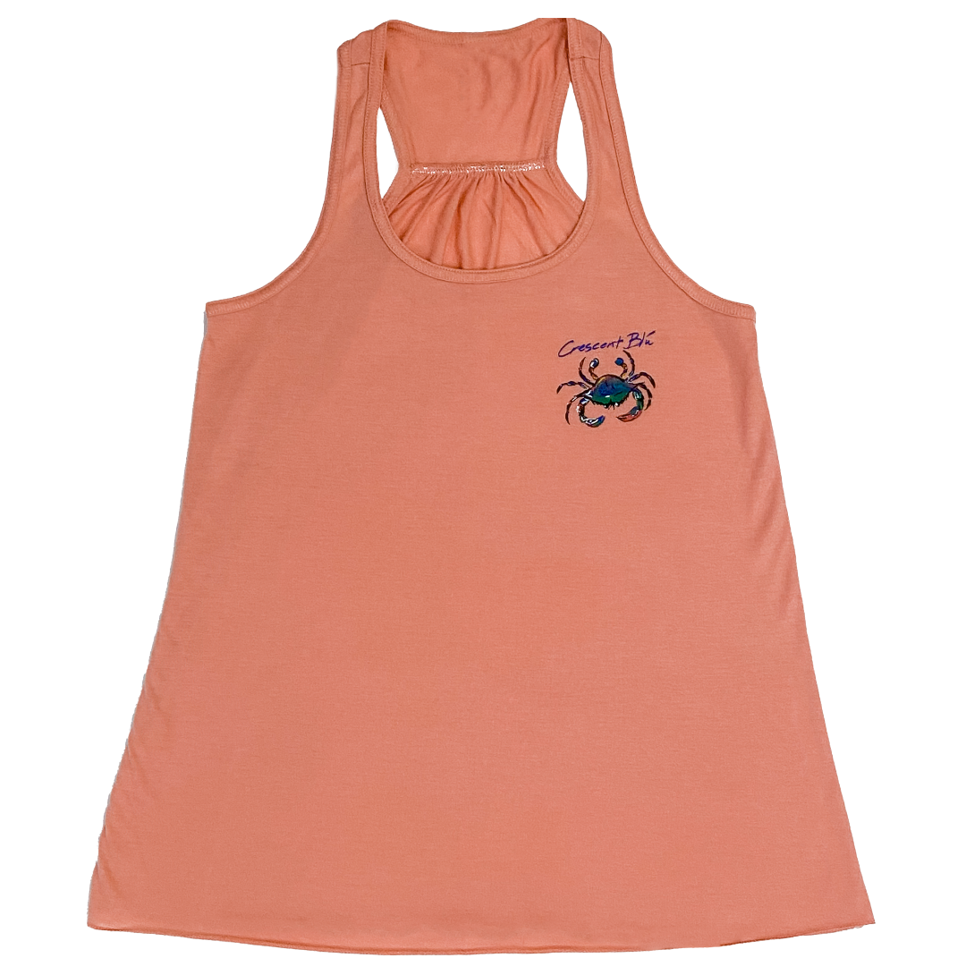 Front view of Ladies Racerback tank top in Sunset color with small Crescent Blu multi-colored crab logo on the front left chest