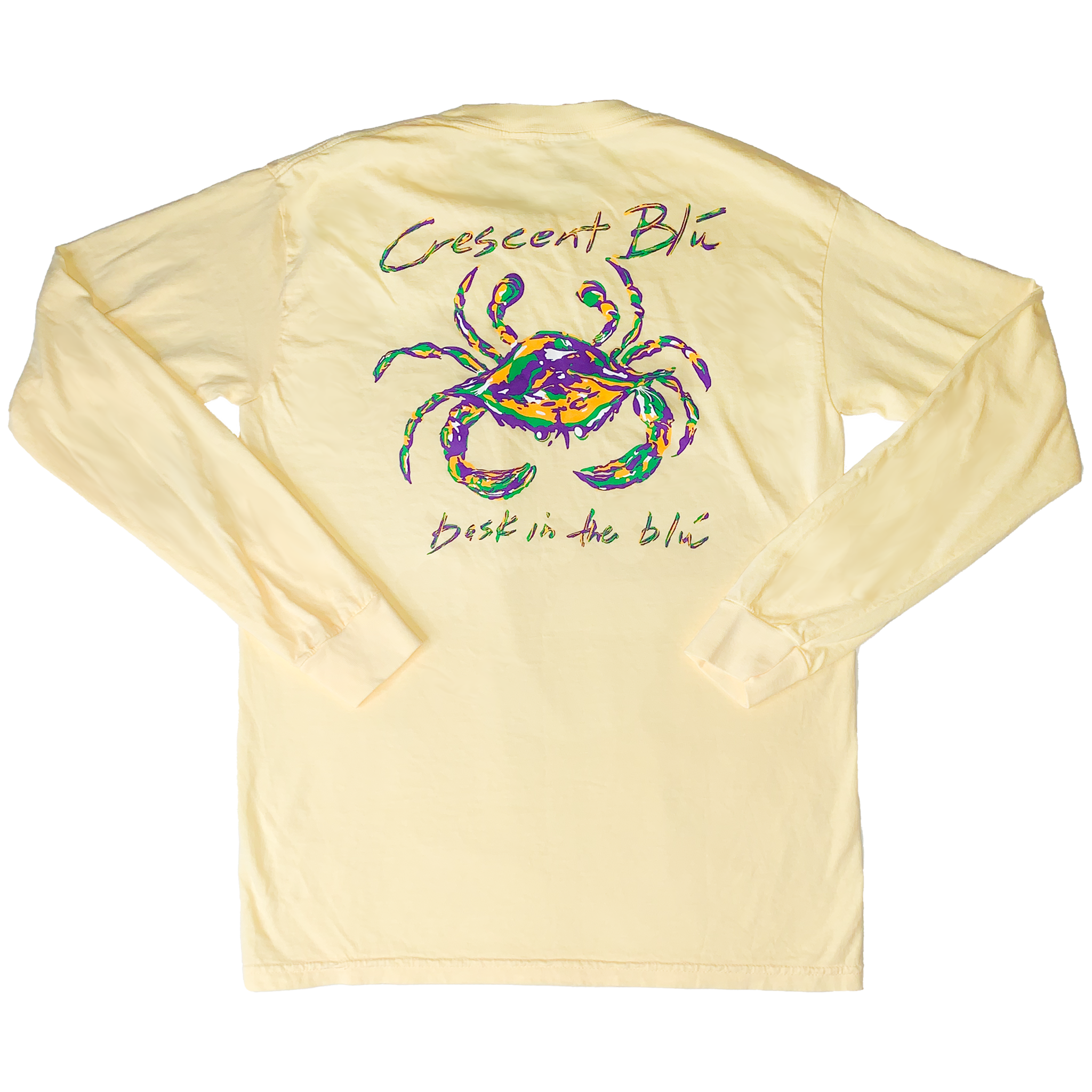 A buttery yellow tee shirt with ribbed cuffs and a Mardi Gras Crab on the back.