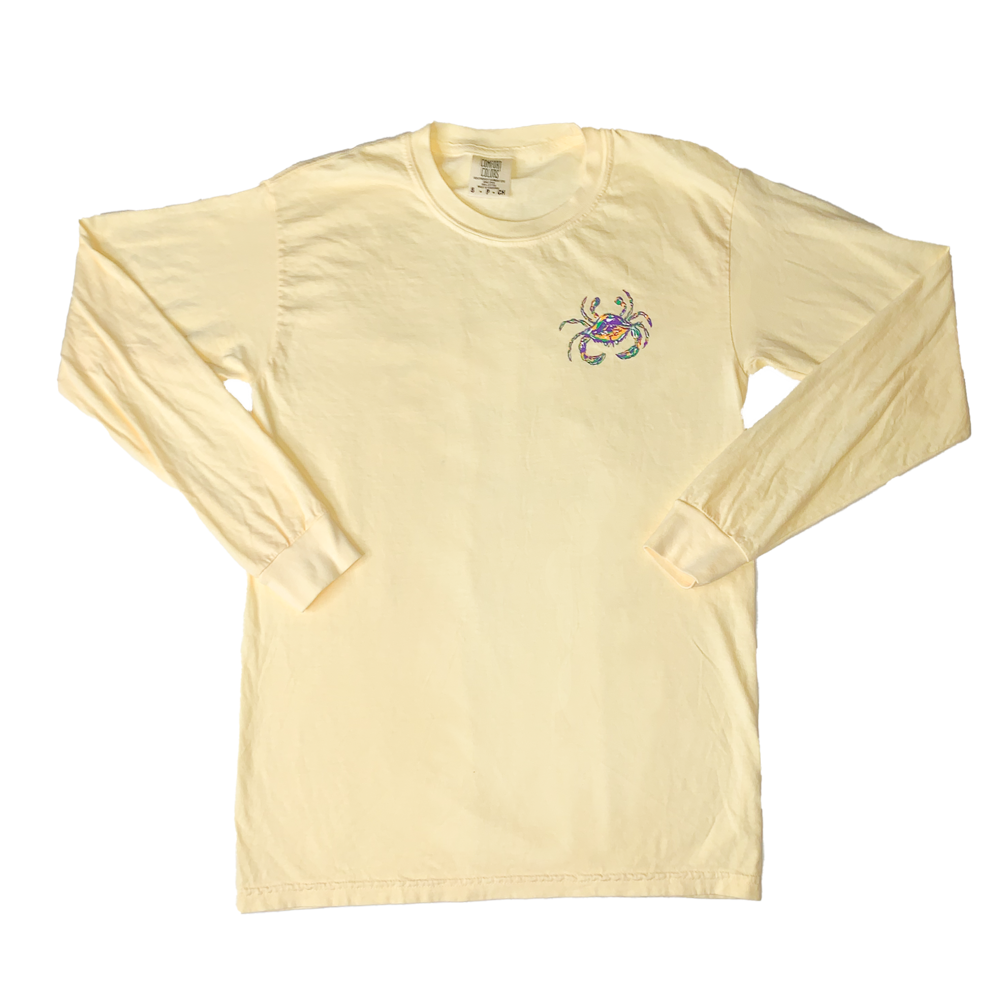 Soft yellow long sleeve shirt with a Mardi Gras Crab on the left chest.
