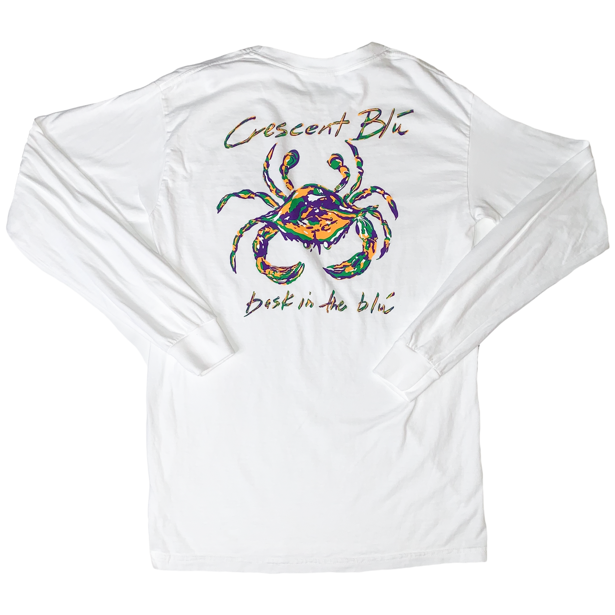 Mardi Gras colored crab on a long sleeve white t-shirt.