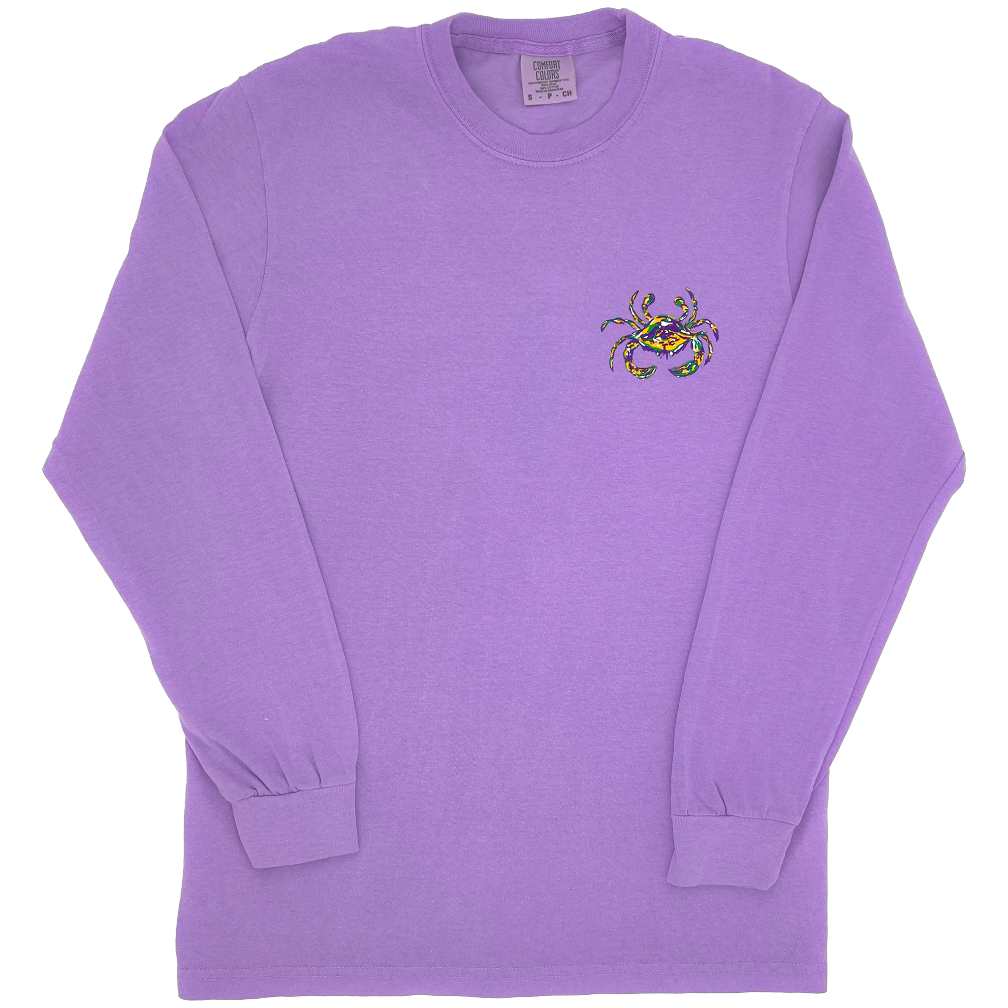A blue crab in Mardi Gras colors is on the left chest of the bright violet long sleeve t-shirt