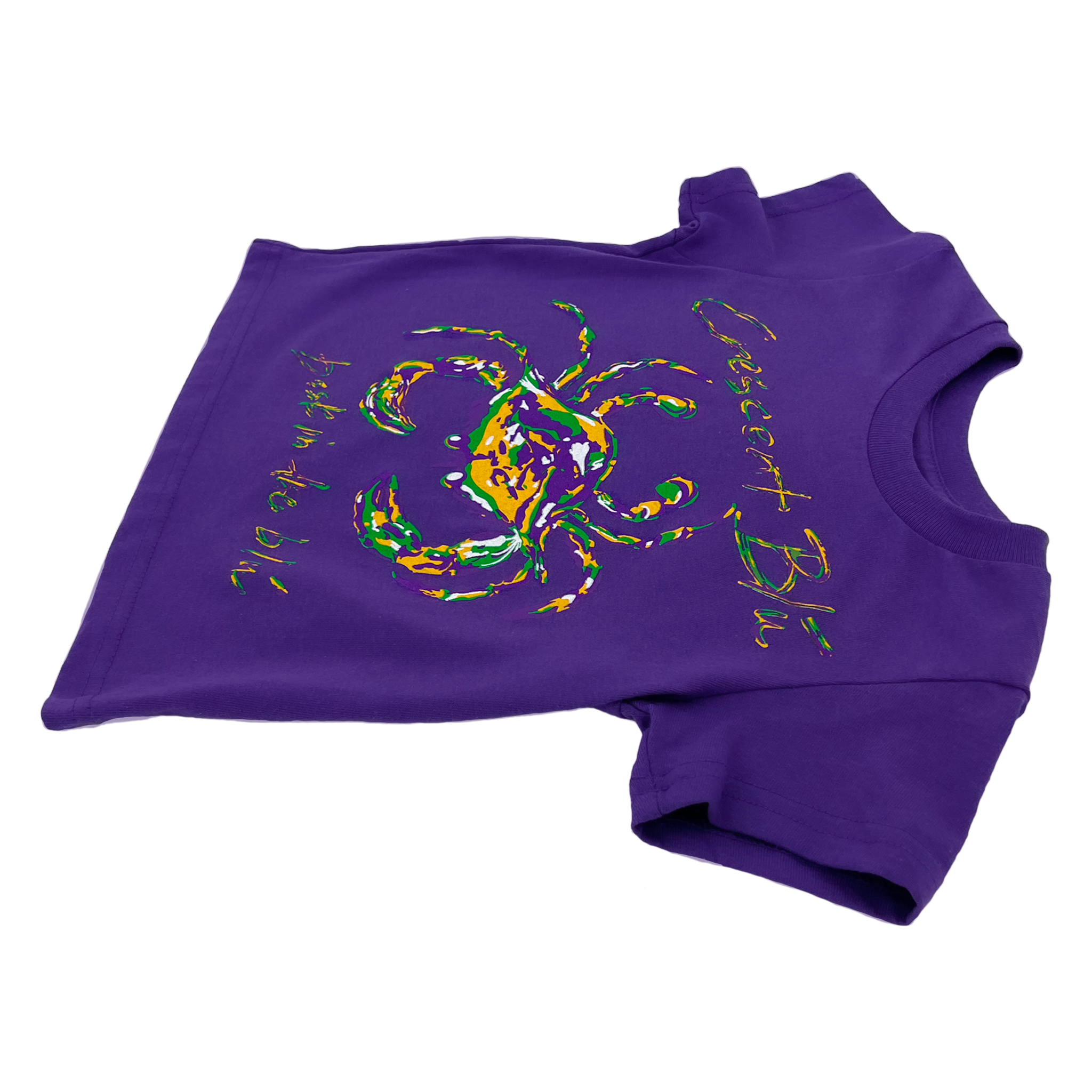 Angled side view of a purple toddler tee shirt with a purple, green, and gold crab on the front. 