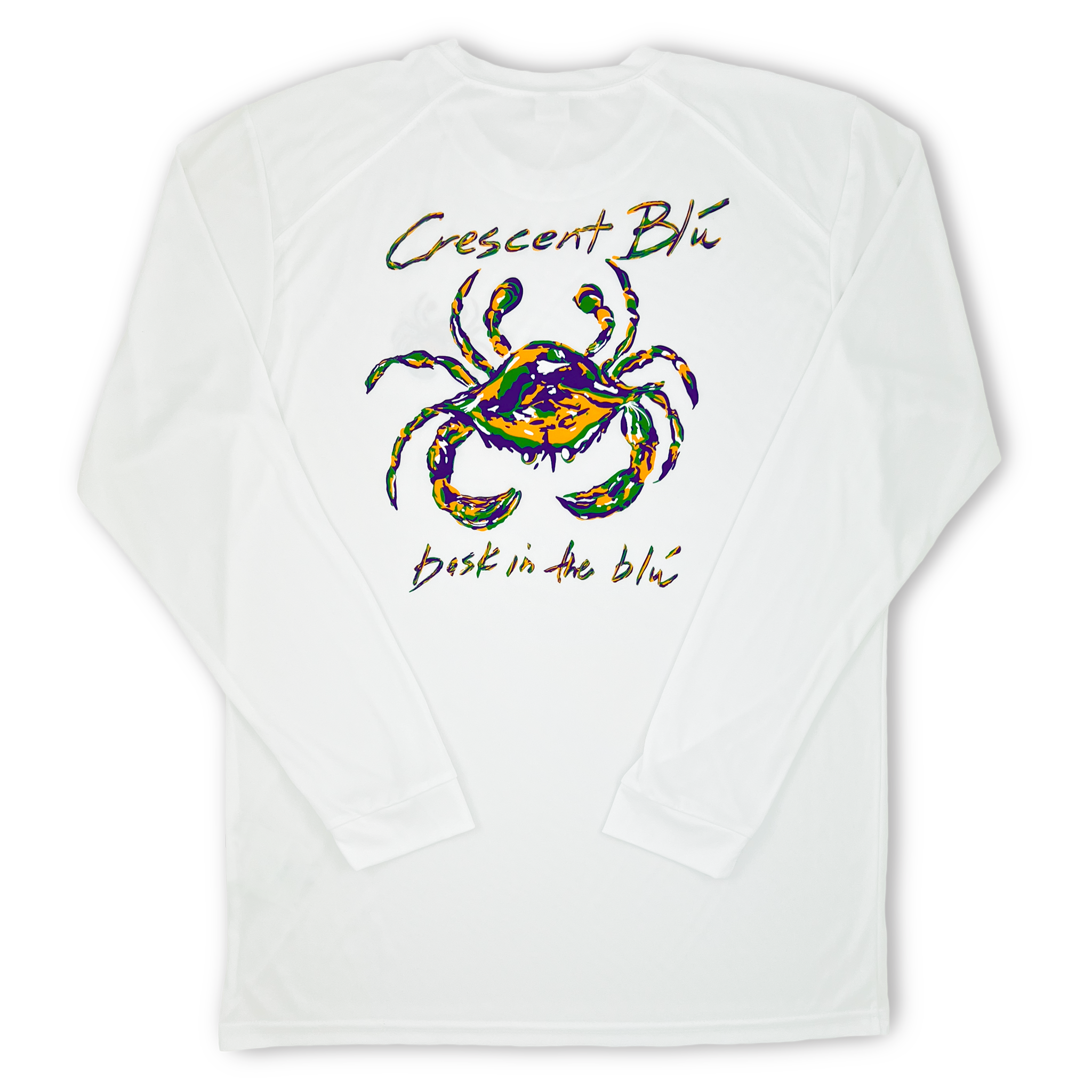 A purple, green, and gold crab on the back of a white adult long sleeve performance tee. 
