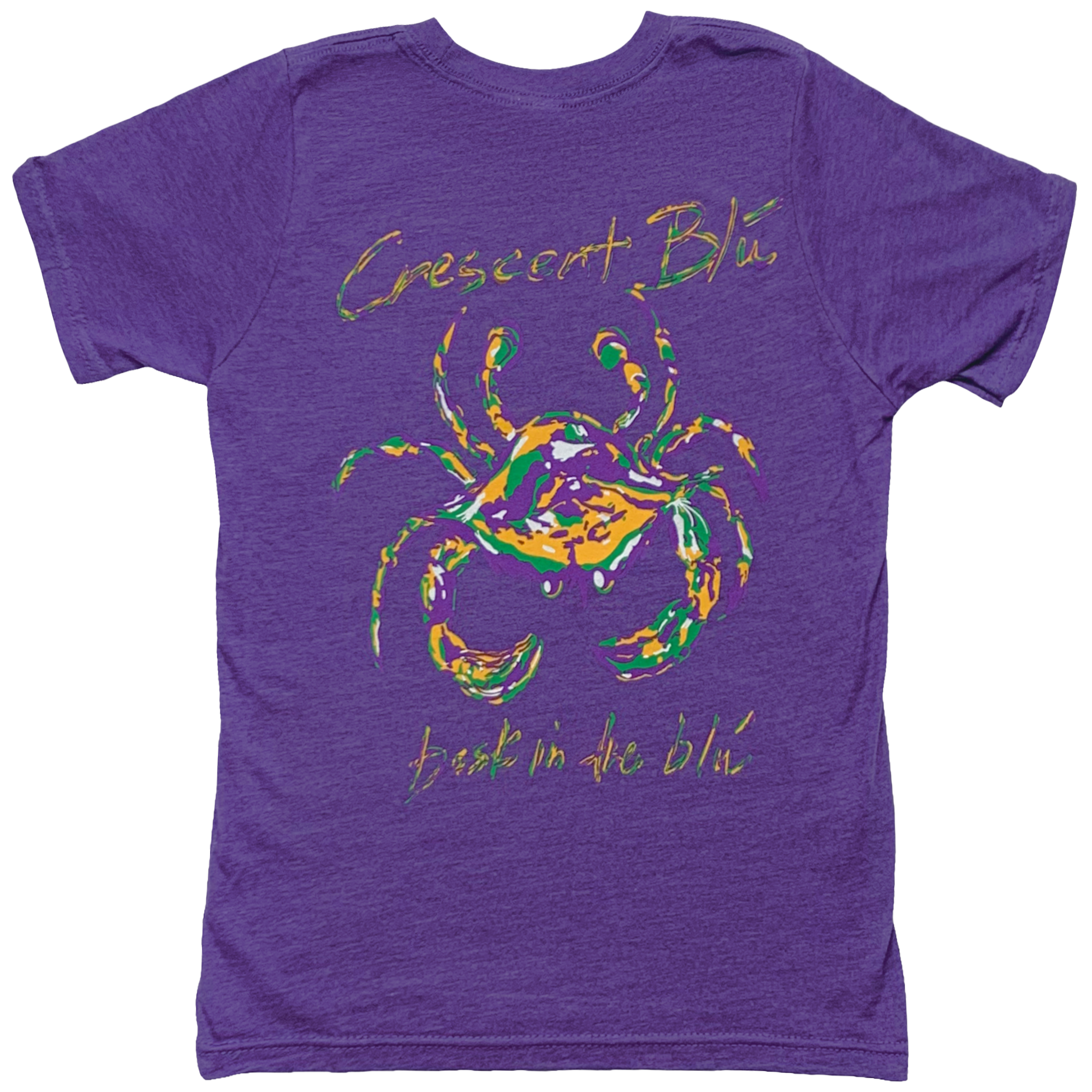 Heather purple t-shirt. A royal purple, gold, white, and green crab with the words "Crescent Blu, "bask in the blu" above and below the crab. 