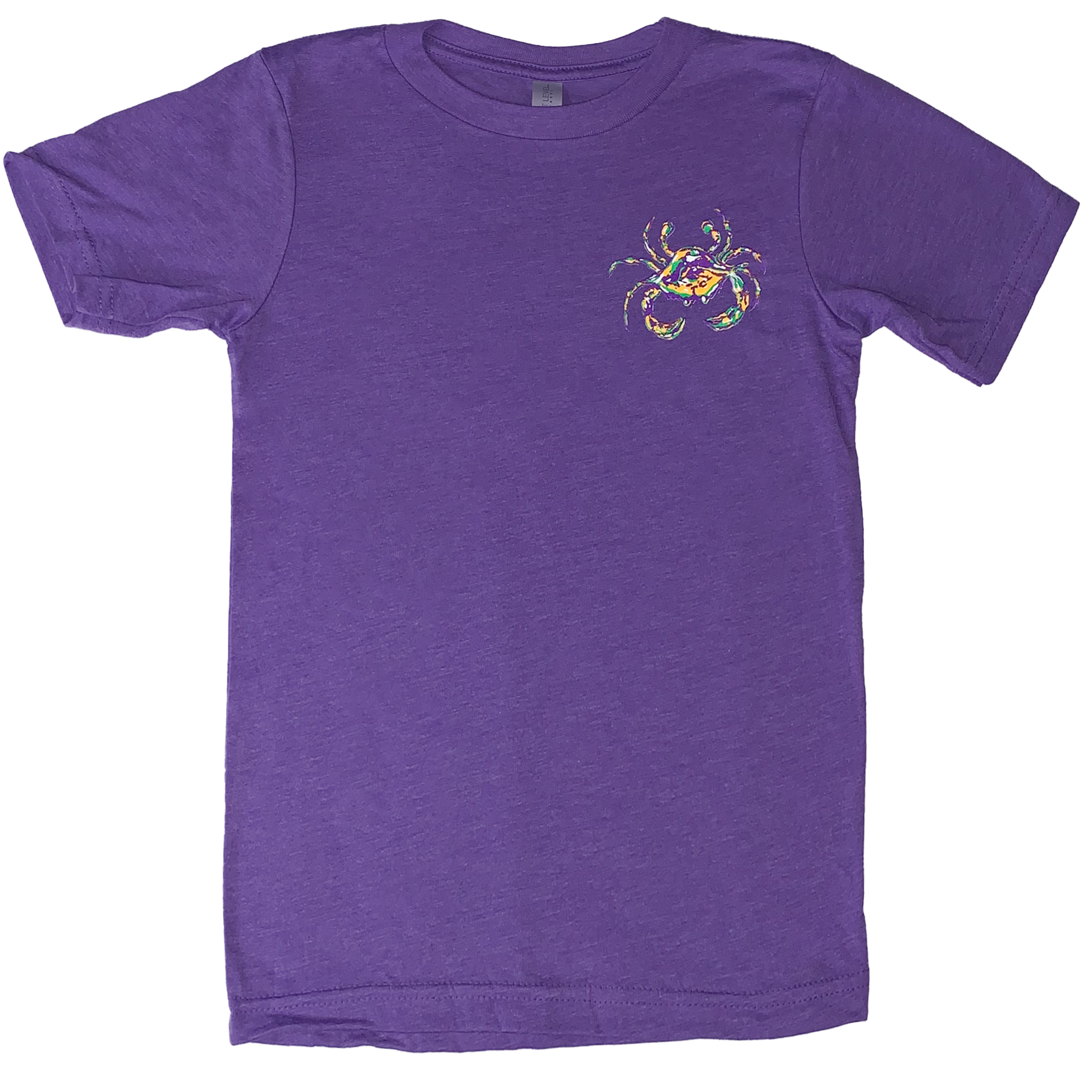 Adult purple tri-blend shirt with a Mardi Gras Crab on the front.