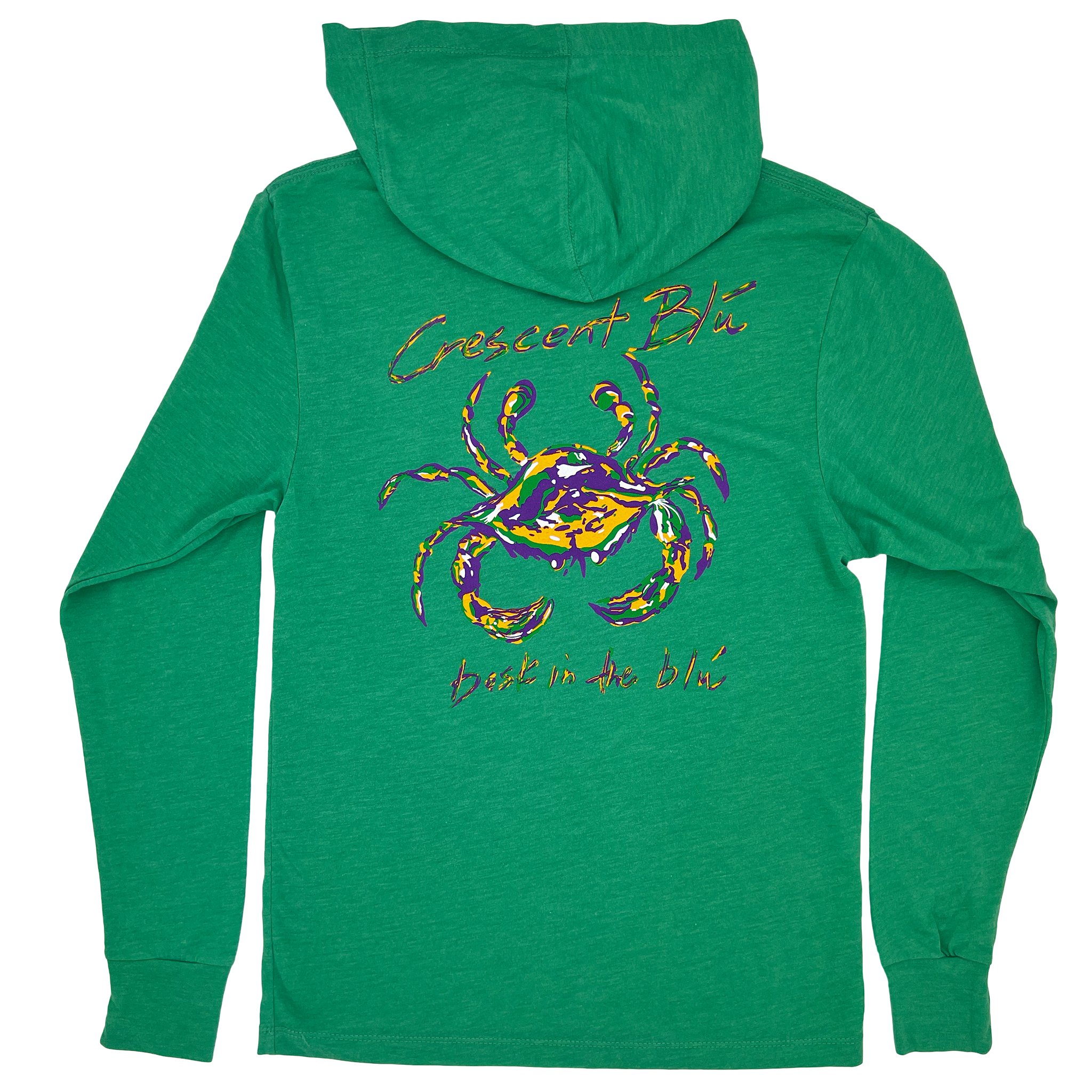 Back of a long sleeve bright green tri-blend t-shirt with a hood, ribbed cuffs, and a tee shirt hem.  A purple, green, gold, and white Mardi Gras Crab is centered on the shirt.  
