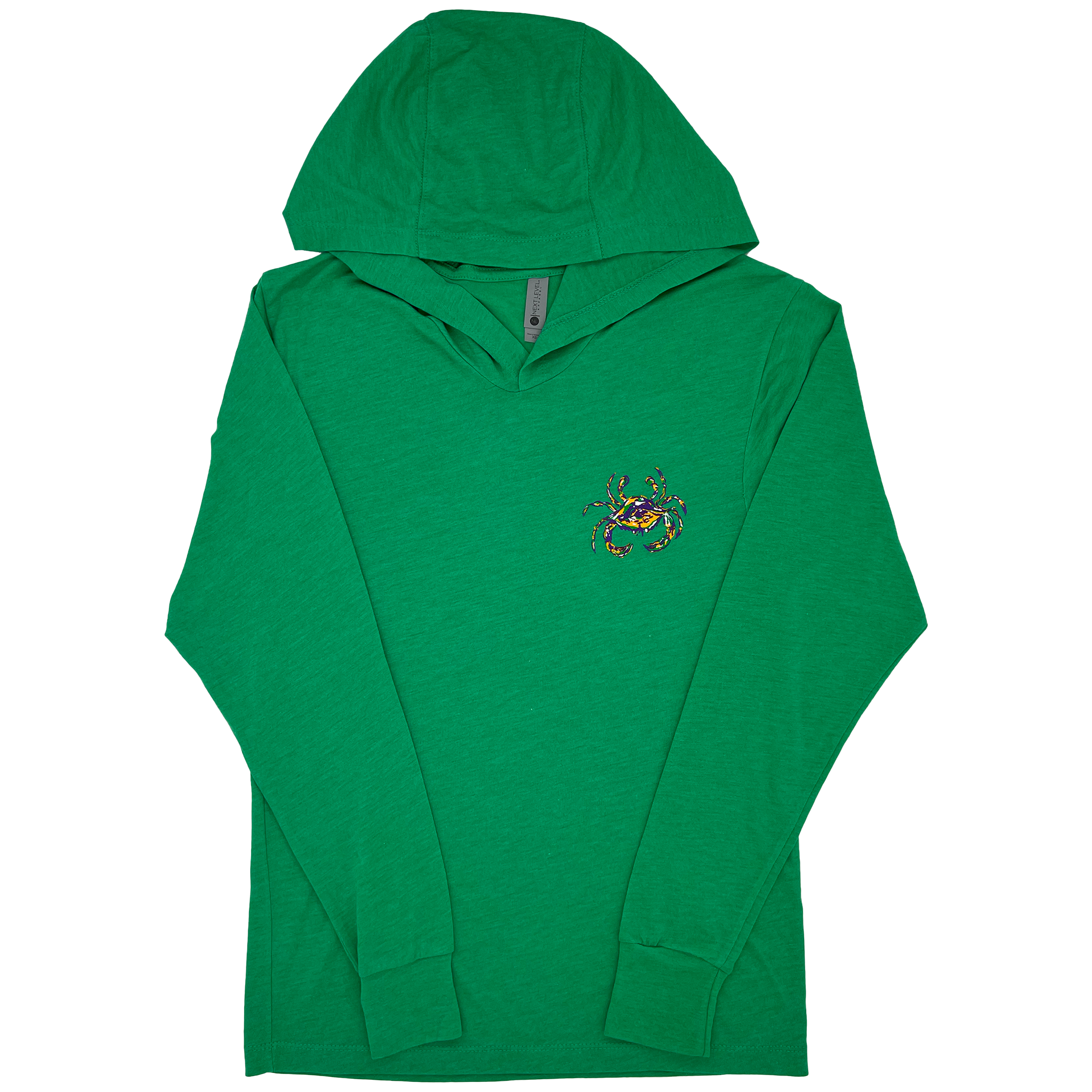 A heather green hooded t-shirt with a purple, green, and gold crab on the left chest.
