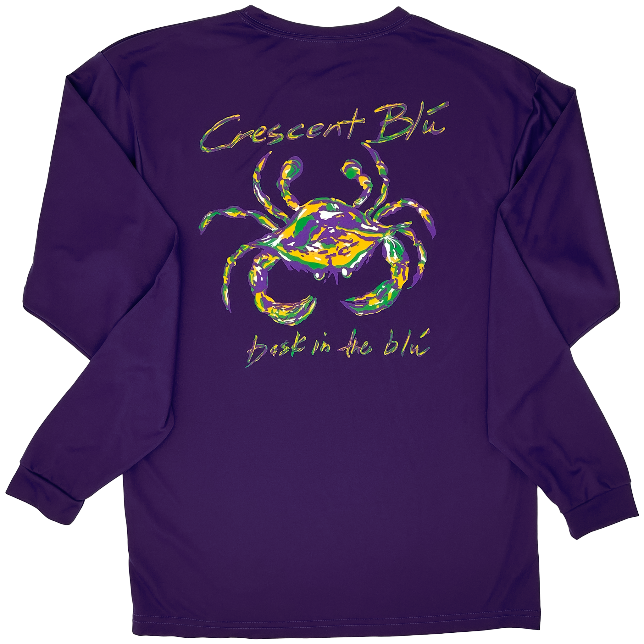 A long sleeve purple shirt with Crescent Blú written above  a purple, green, and gold crab with the words, "bask in the blu" on the bottom.