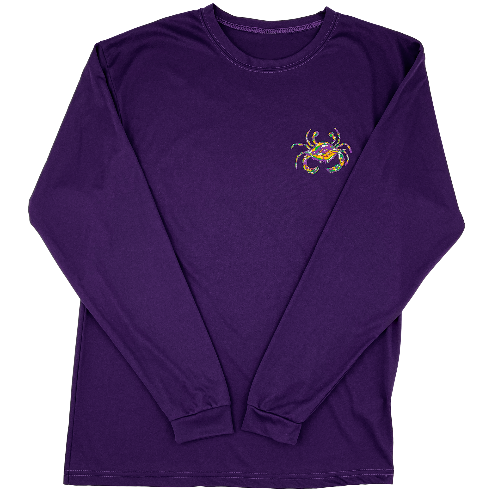 The front of a royal purple Mardi Gras shirt with a crab on the left chest.