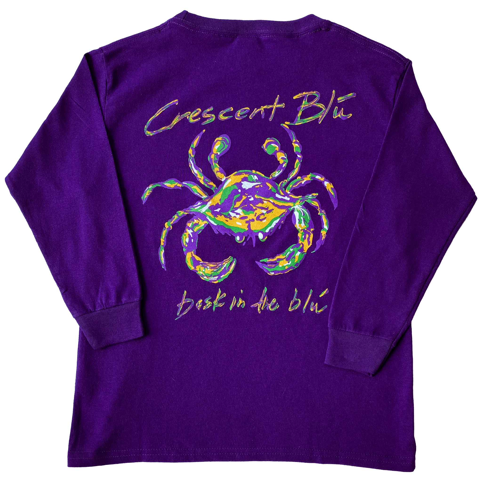 A long sleeve royal purple Mardi Gras t-shirt with a crab on the back.