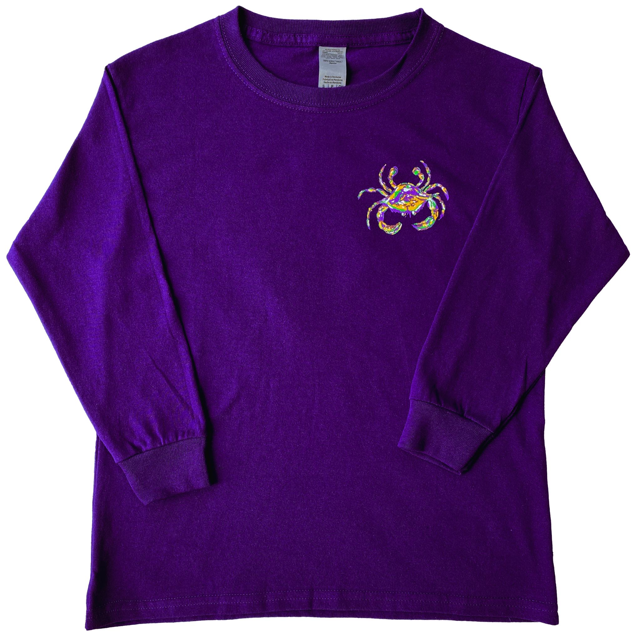 A deep purple t-shirt with long sleeves, a crew neck, and a crab on the left chest.