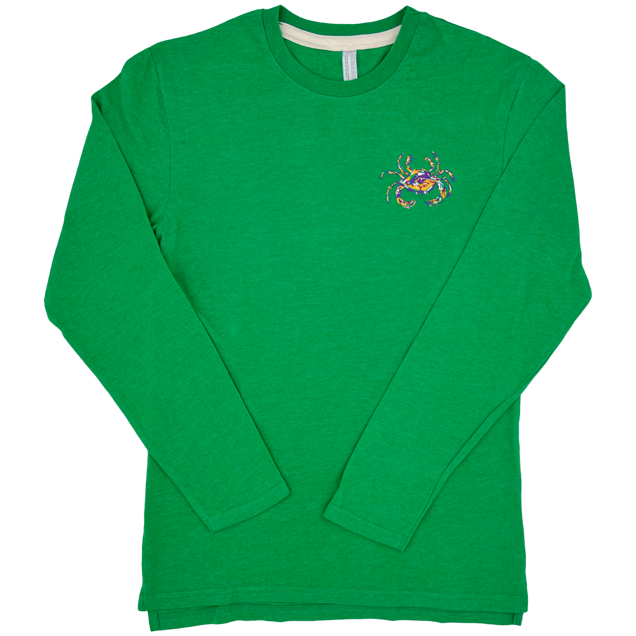 A long sleeve vintage heather green shirt with a crew neck, simple hem sleeve and a Mardi Gras Crab on the left chest.
