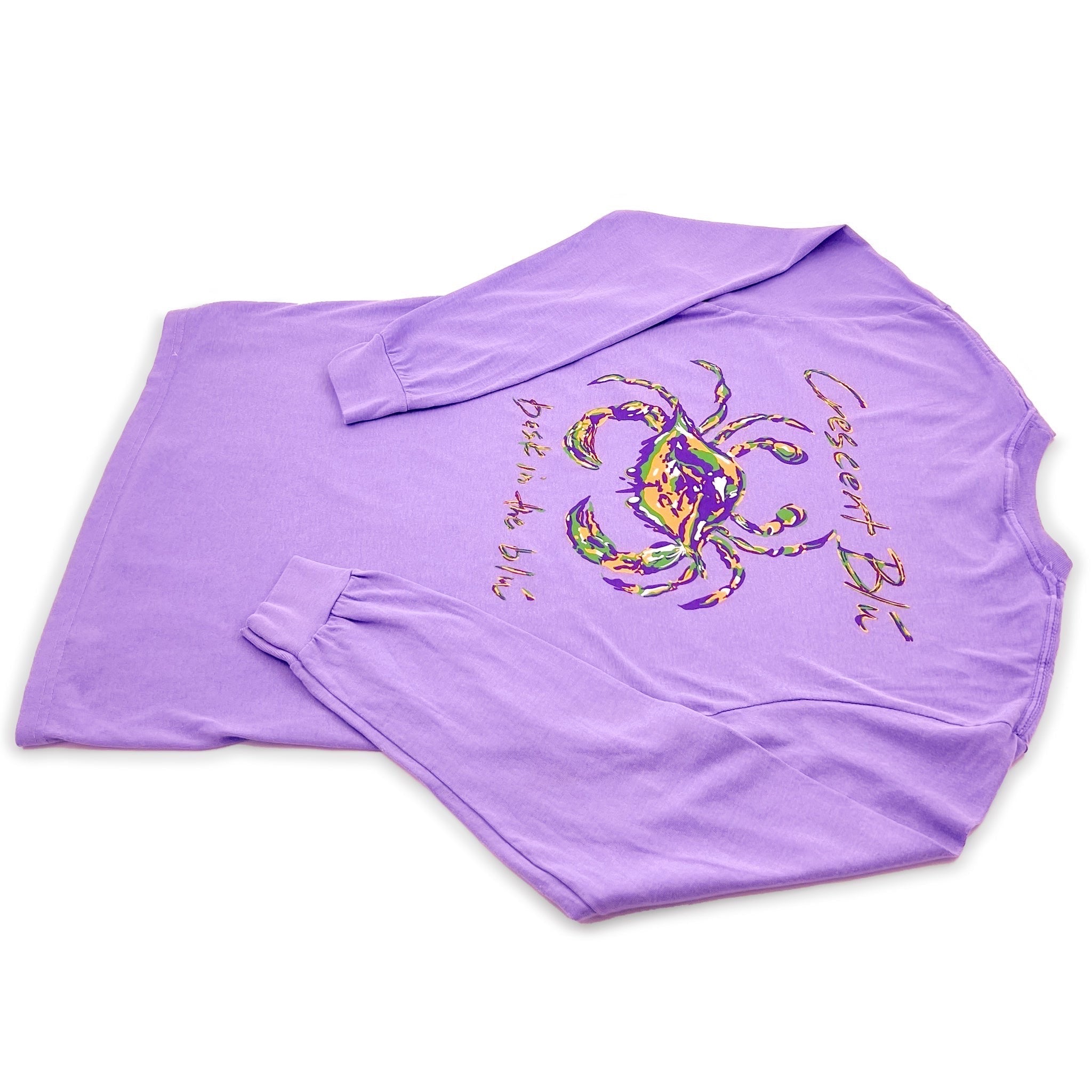 Back of a long sleeve violet tee shirt with a Mardi Gras colored crab on the back.