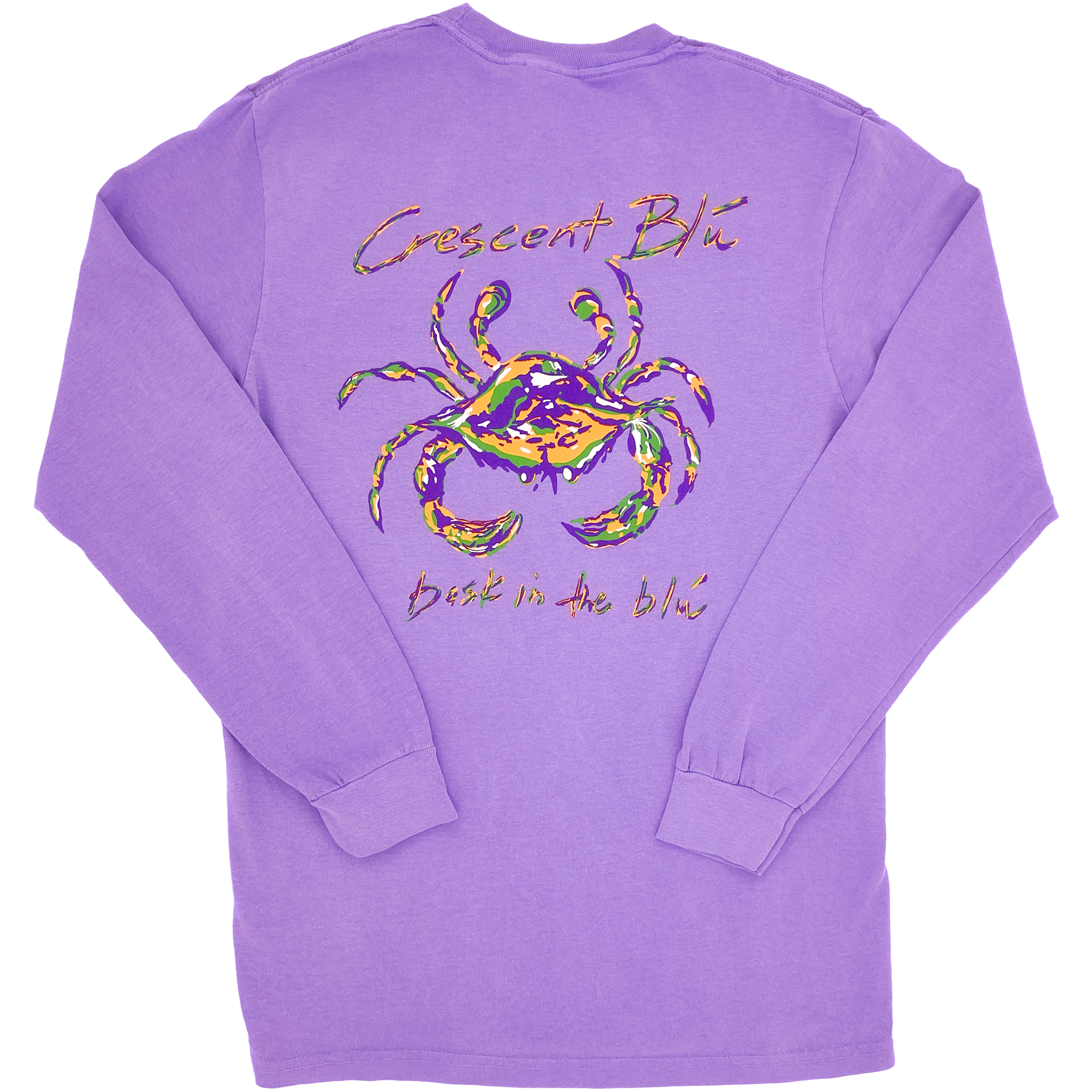 A Mardi Gras Crab print on the back of a Violet long sleet tee with ribbed cuffs on the sleeves.