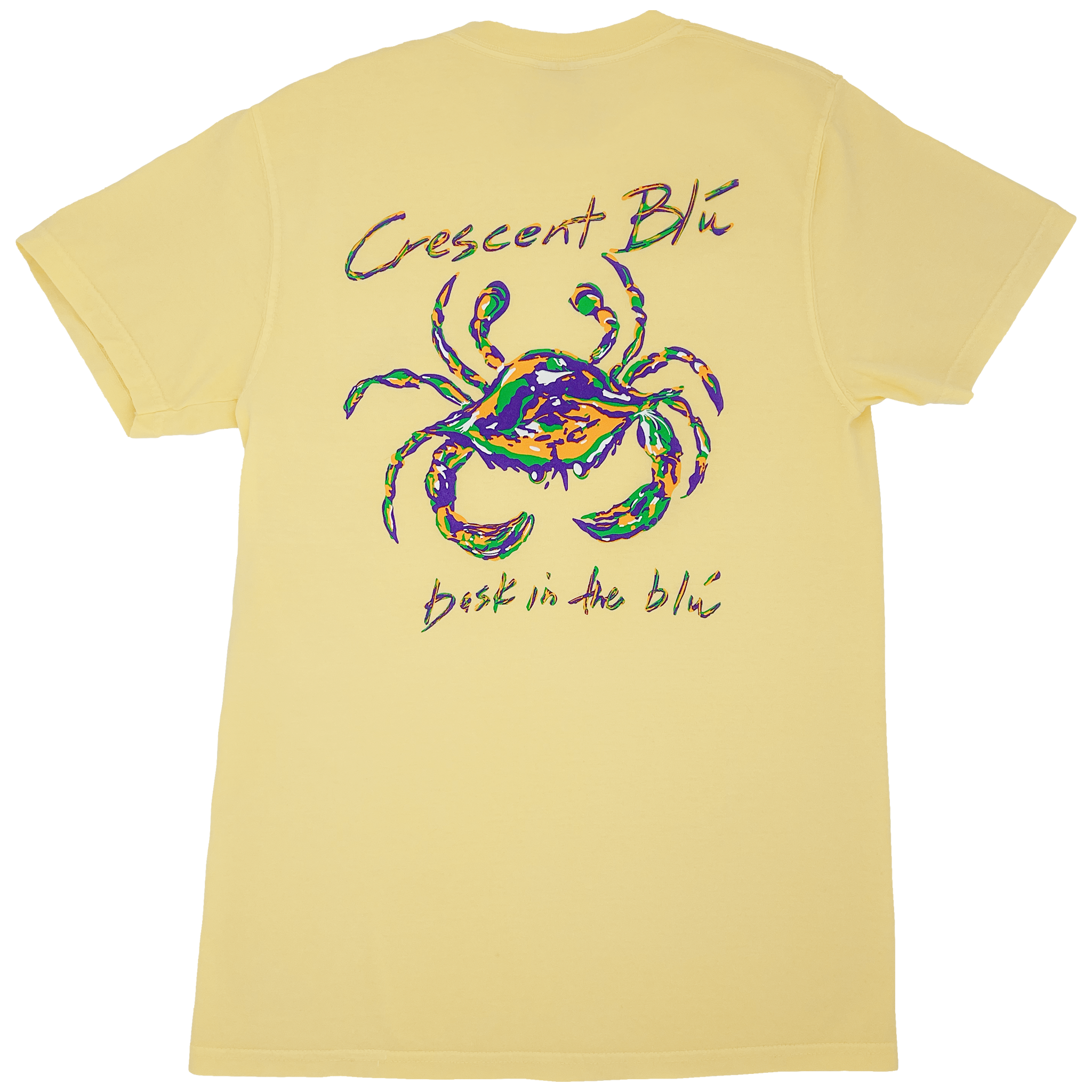 Mardi Gras shirt. Yellow short sleeve top with Mardi Gras Crab logo.