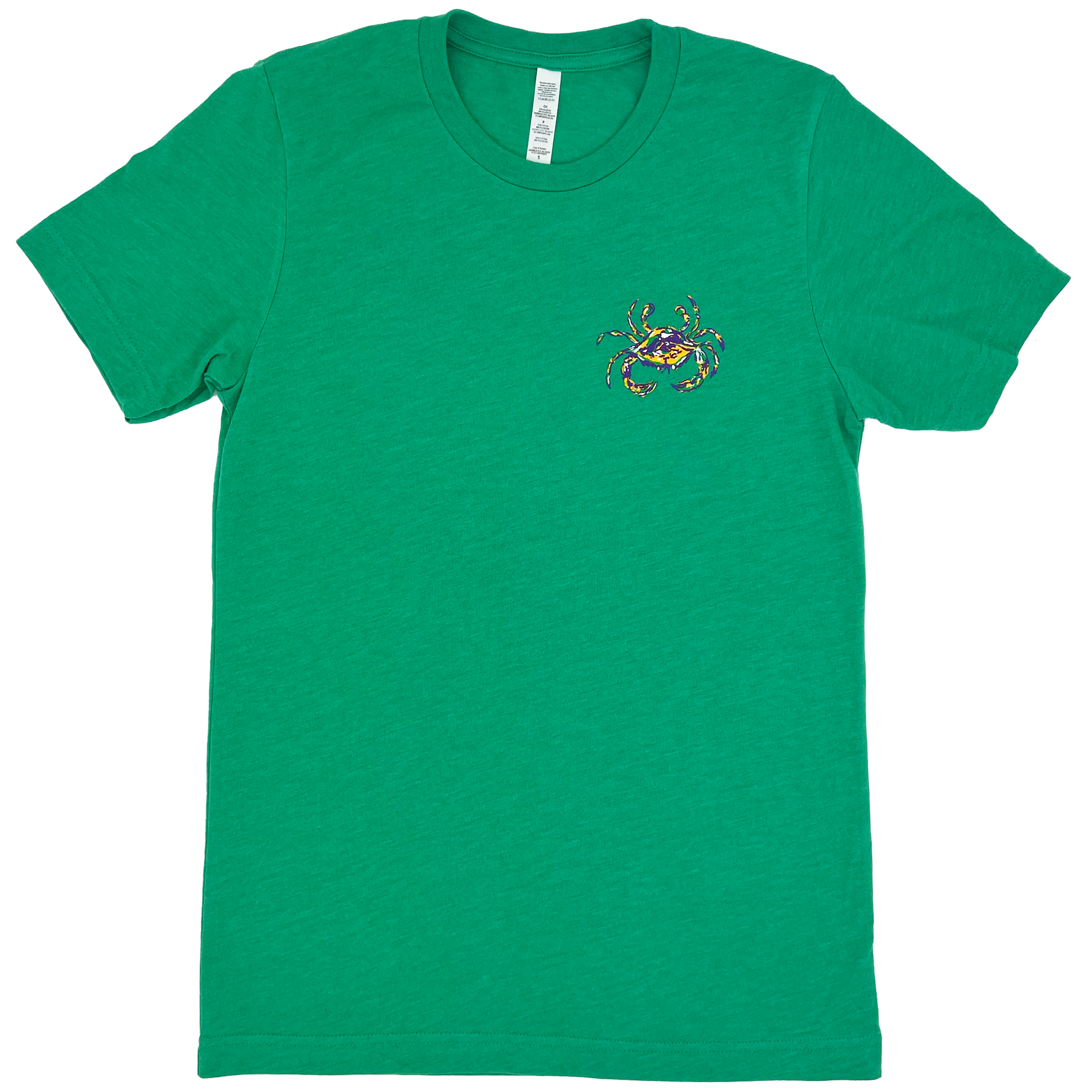 Green short sleeve tee with  a blue crab on the left chest.