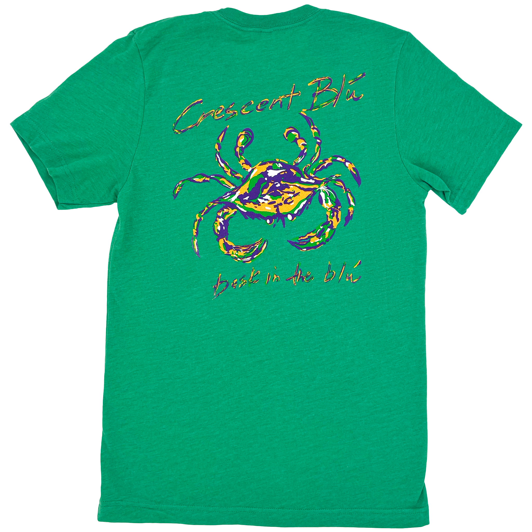 A blue crab painted in Mardi Gras colors centered on the back of a short sleeve green t-shirt.