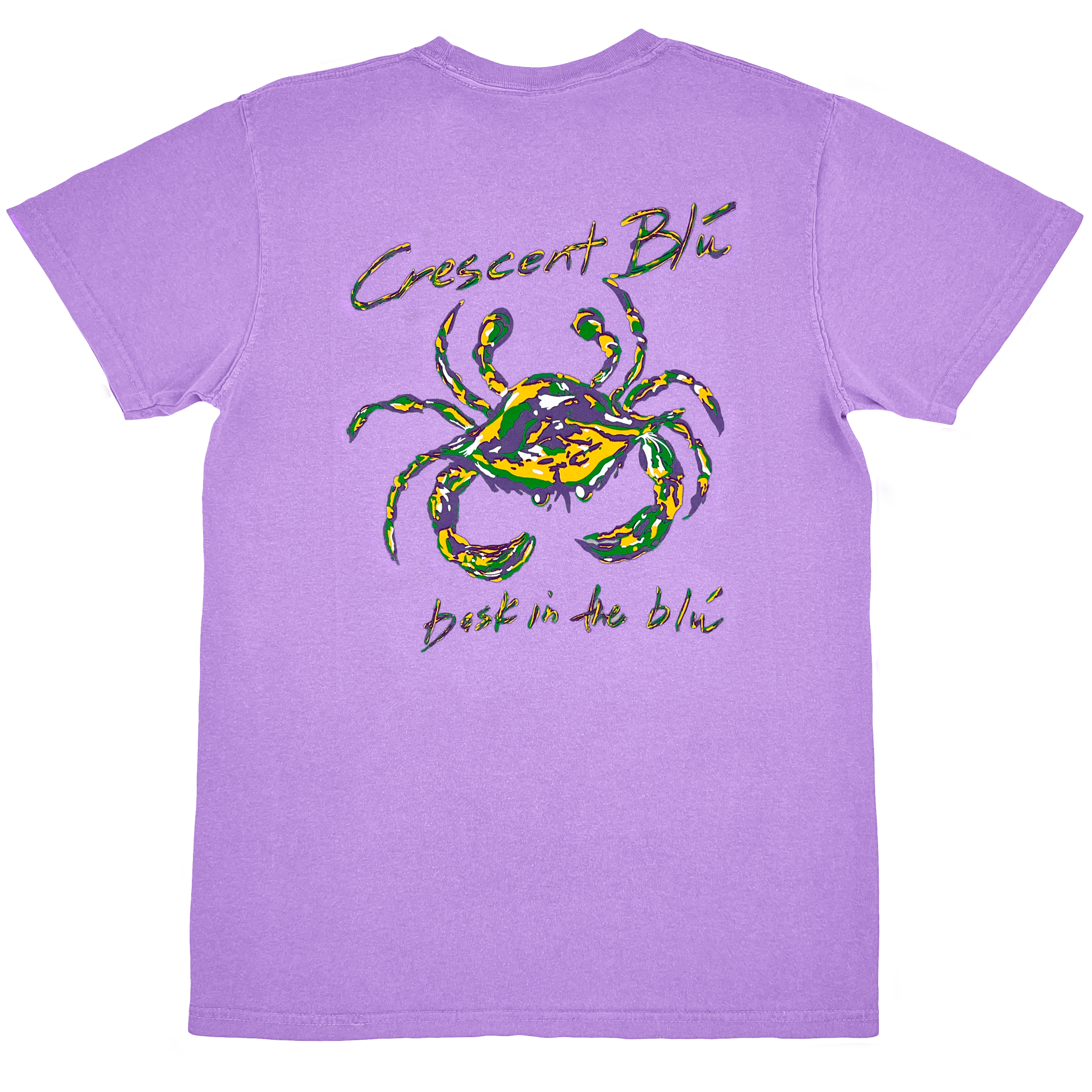 Short sleeve violet t-shirt. The Crescent Blu Mardi Gras logo centered on the back of the shirt. 