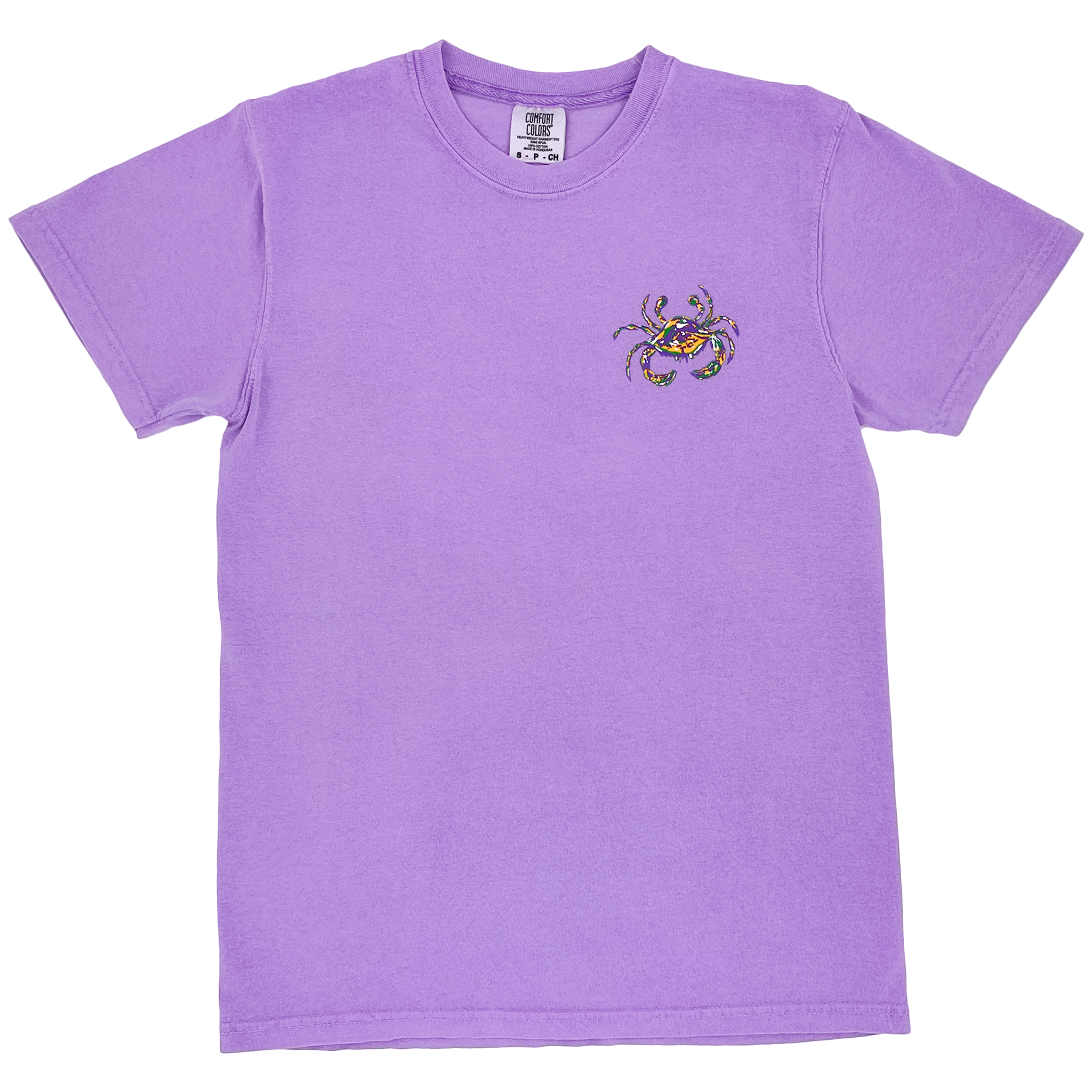 Mardi Gras Crab on the left chest of a violet short sleeve t-shirt.