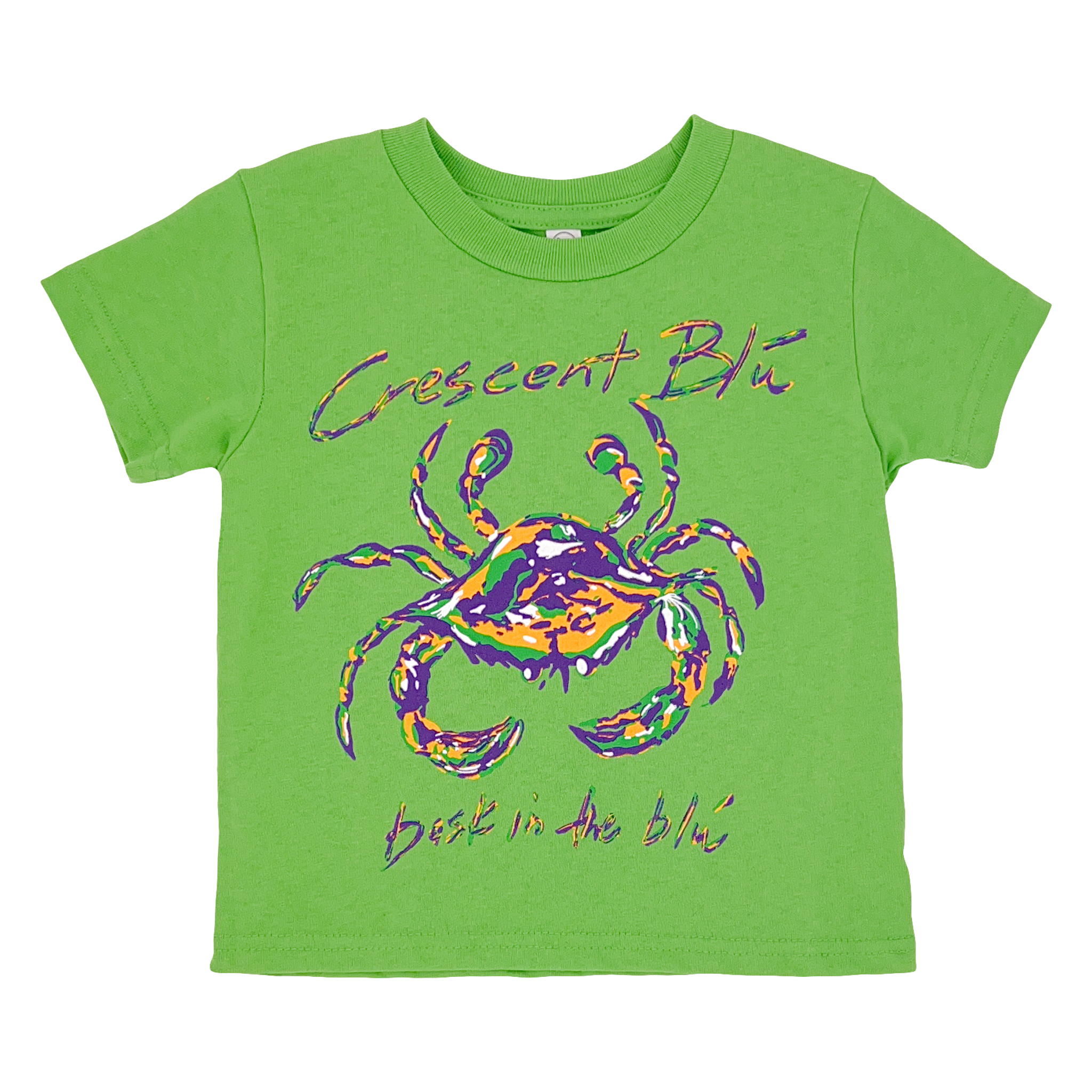 A green apple colored toddler short sleeve t-shirt with a Mardi Gras crab on the front. Crescent Blú is written about the crab, Bask in the Blu is written below the crab.