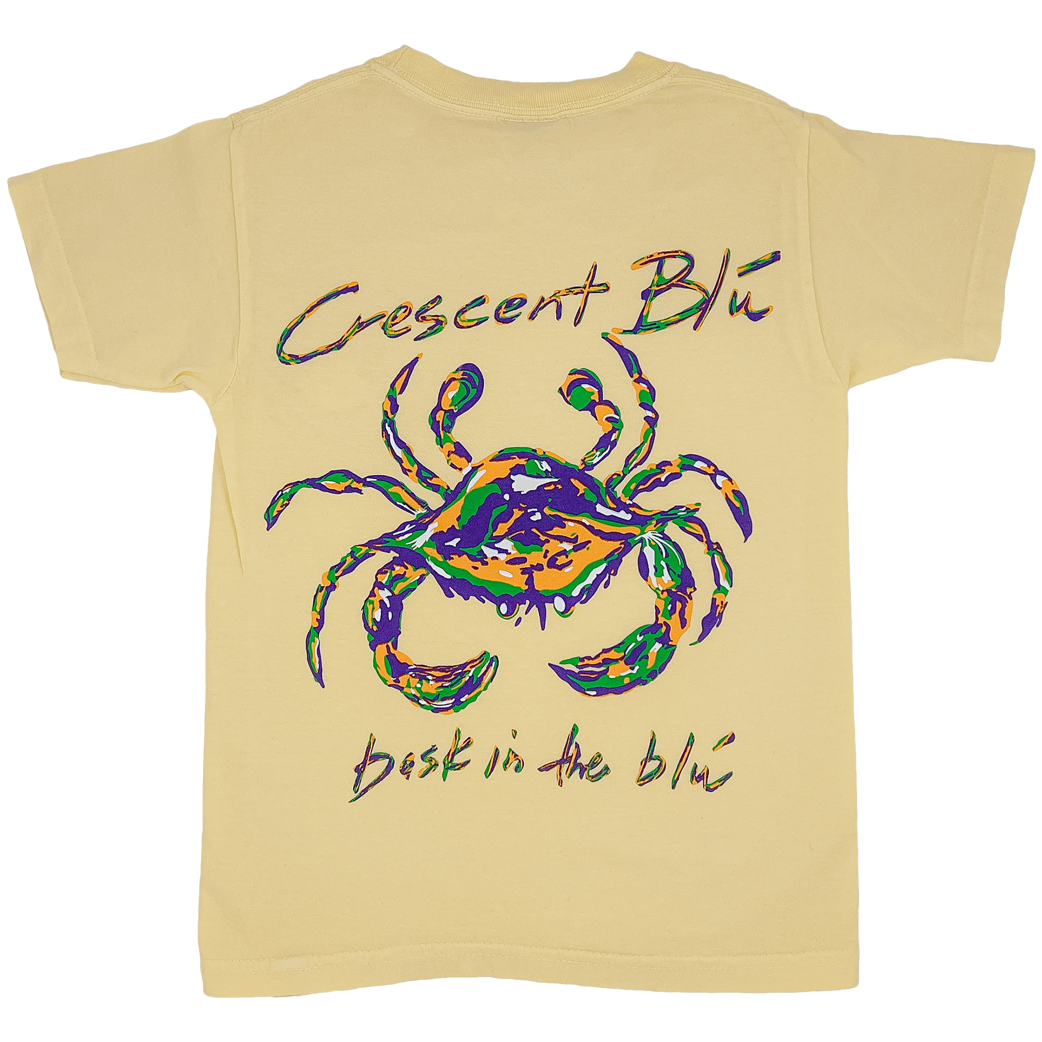 Youth Short Sleeve Butter Yellow T-shirt with a larger Mardi Gras Crab on the back.