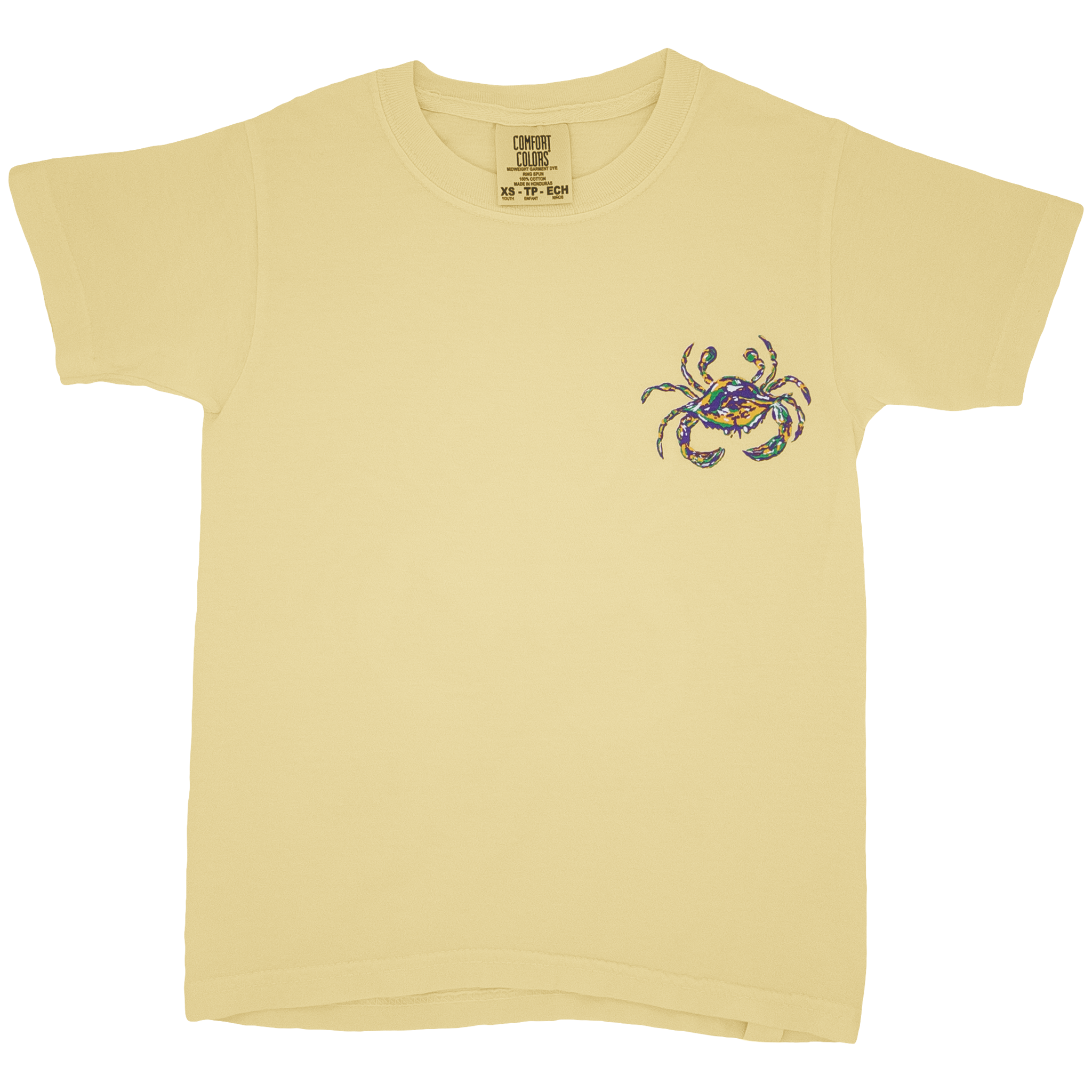 Butter yellow children's t-shirt with a purple, green, gold, and white crab on  the front.