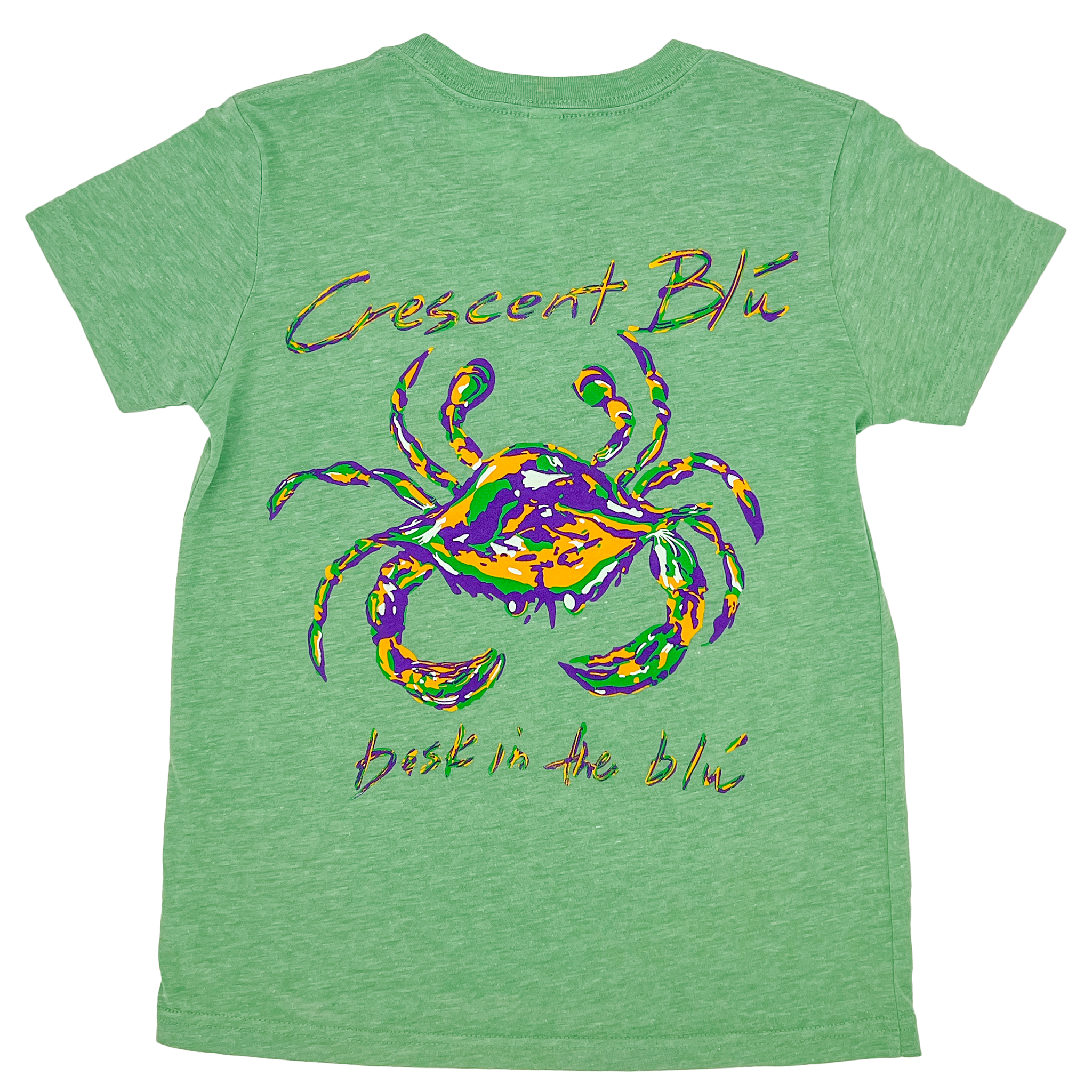 Light green shirt with a t-shirt hem with a purple green, gold, and white crab on the back. 