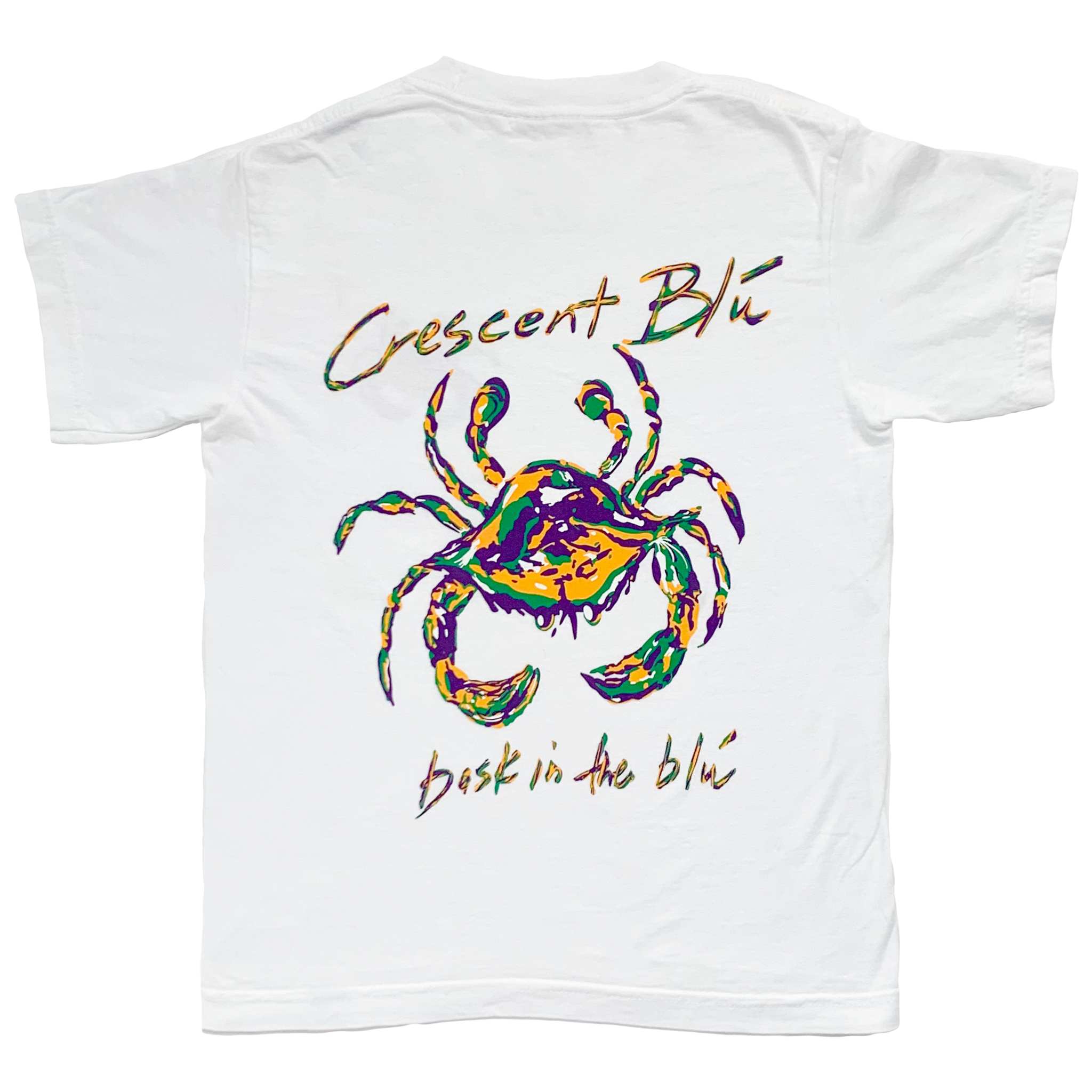 Kids short sleeve white tee with Crescent Blu's Mardi Gras Crab logo on the back. 