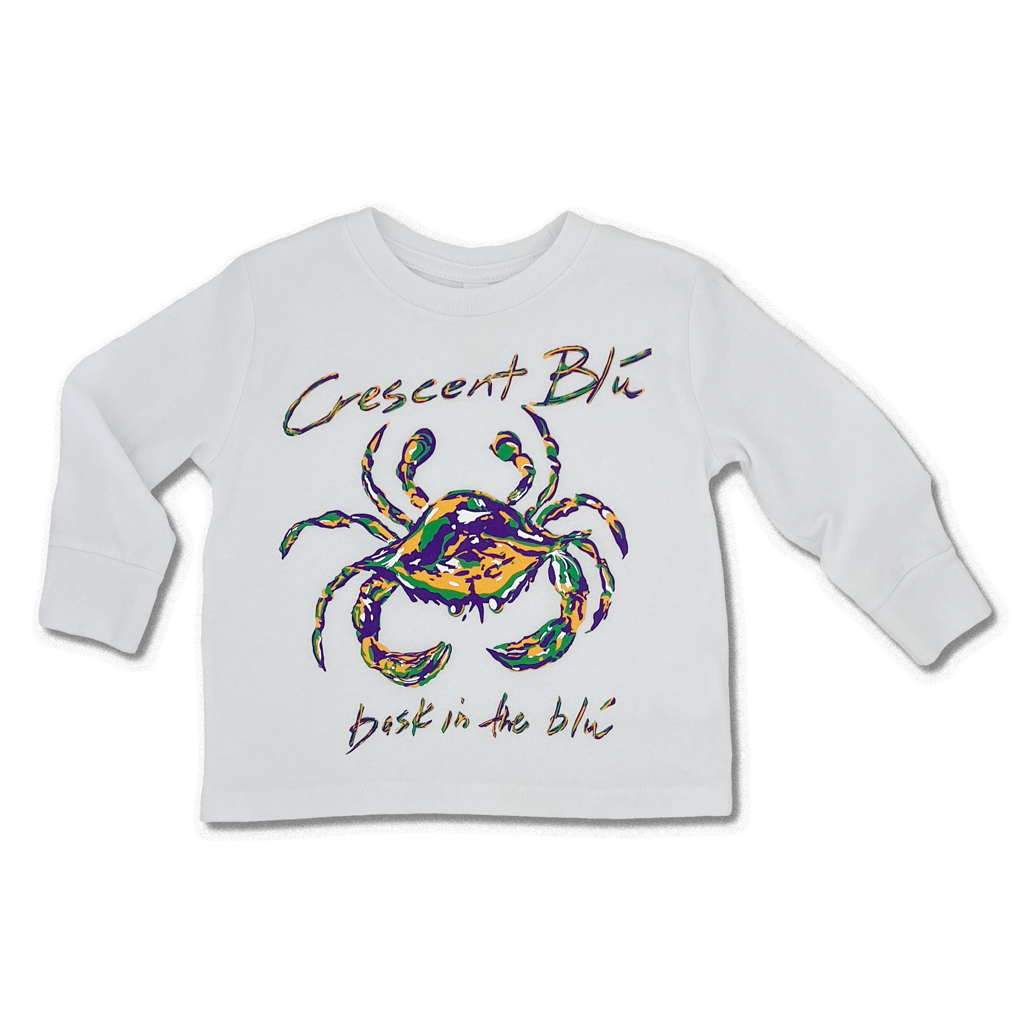 The front of a white long sleeve toddler sized t-shirt with a Mardi Gras colored crab on the front. 