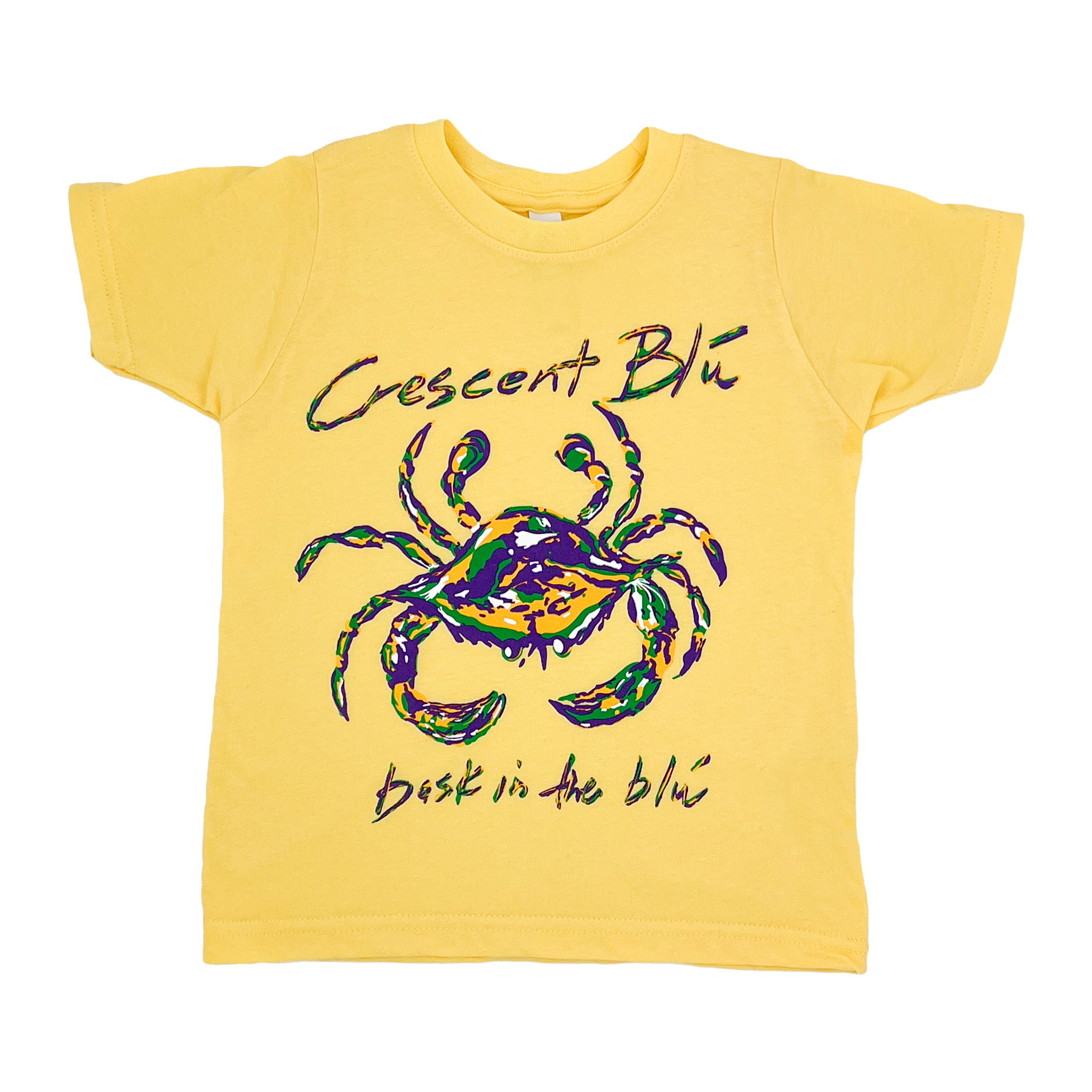 Front of a golden yellow toddler tee with the a Mardi Gras crab on the front.