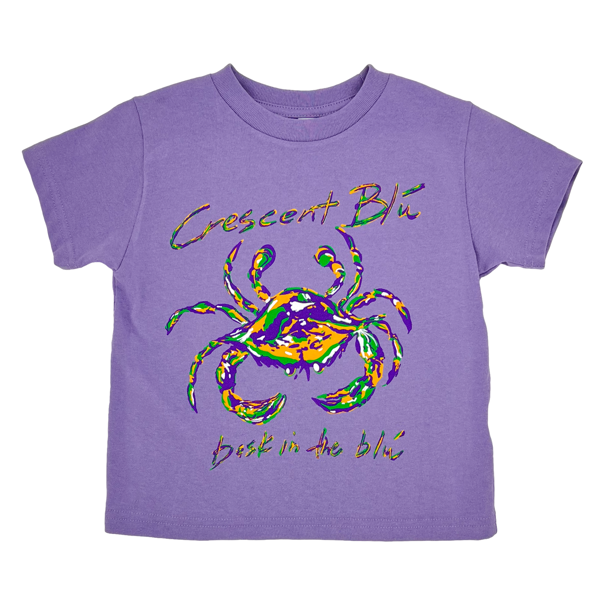 A Mardi Gras colored Crescent Bú crab on the front of a toddler sized lavender t-shirt. Bask in the Blu is written under the crab. 