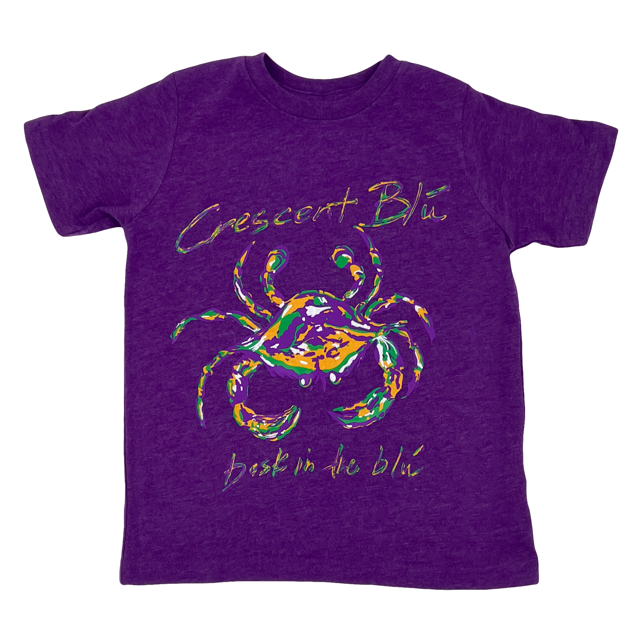 A heather purple toddler shirt with a mardi gras colored crab on the front. 