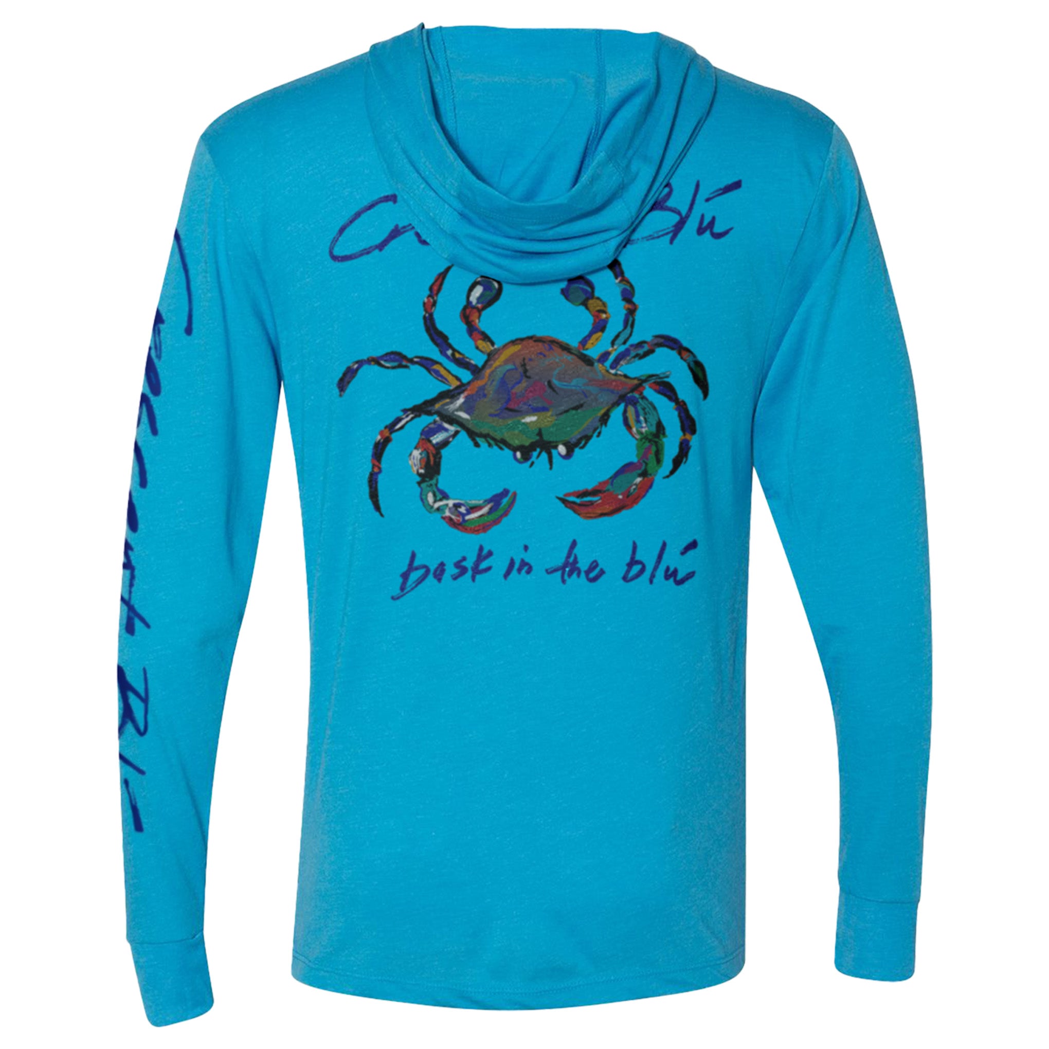 View of back of long sleeve hoodie tee in vintage turquoise color with large multi-colored crab printed on the back along with Bask in the Blu tagline