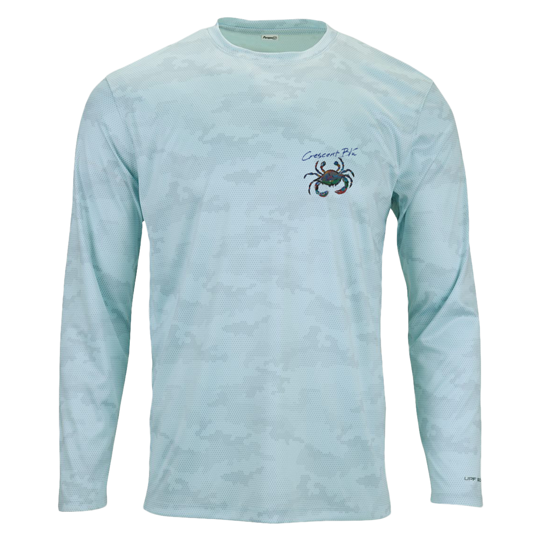 Aqua Blue Camo design long sleeve adult shirt. Multi-colored crab logo on the left upper chest. Front view. 