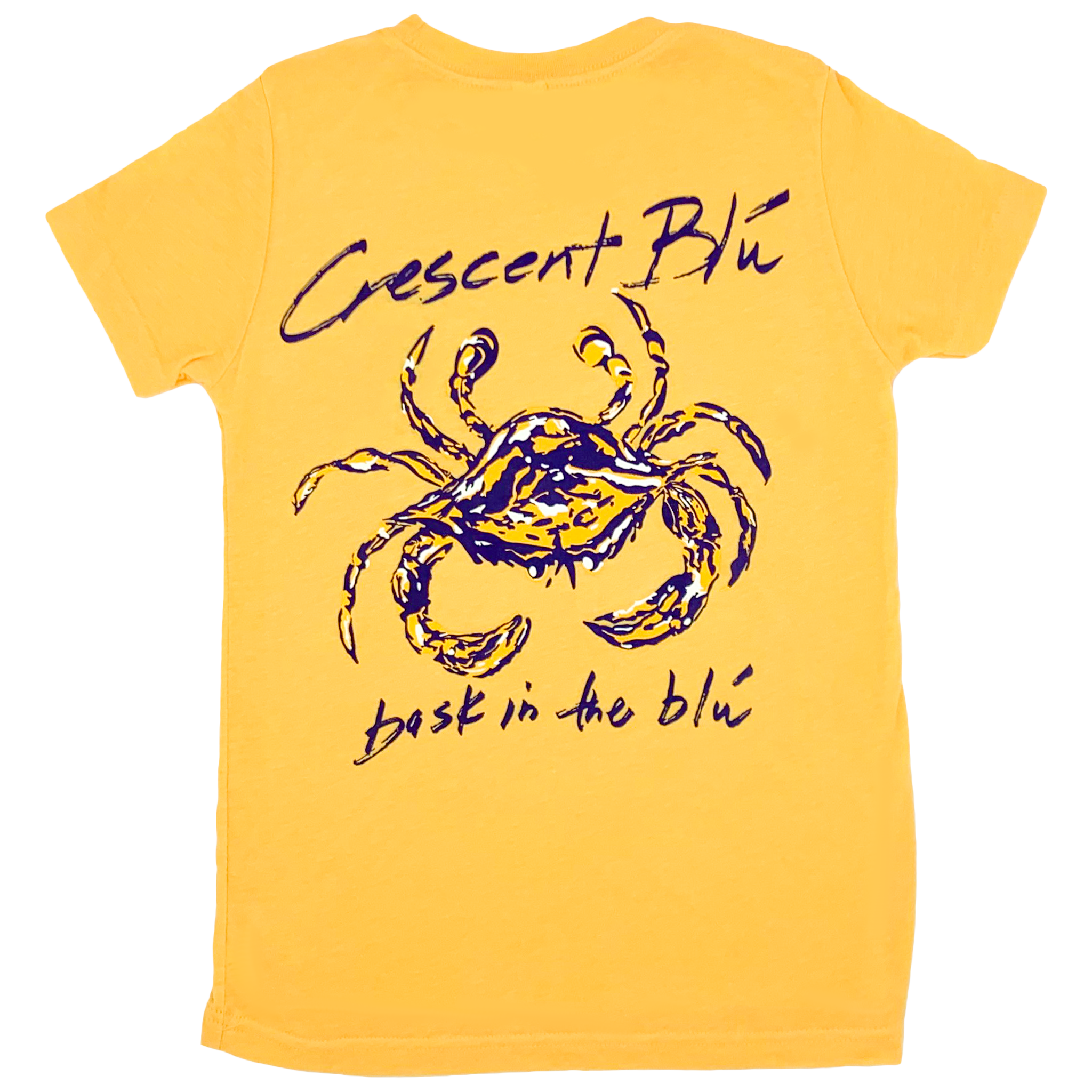 Gold short sleeve youth tee shirt with a purple, gold, and white blue crab underneath the words Crescent Blu  and above the words bask in the blu written in purple