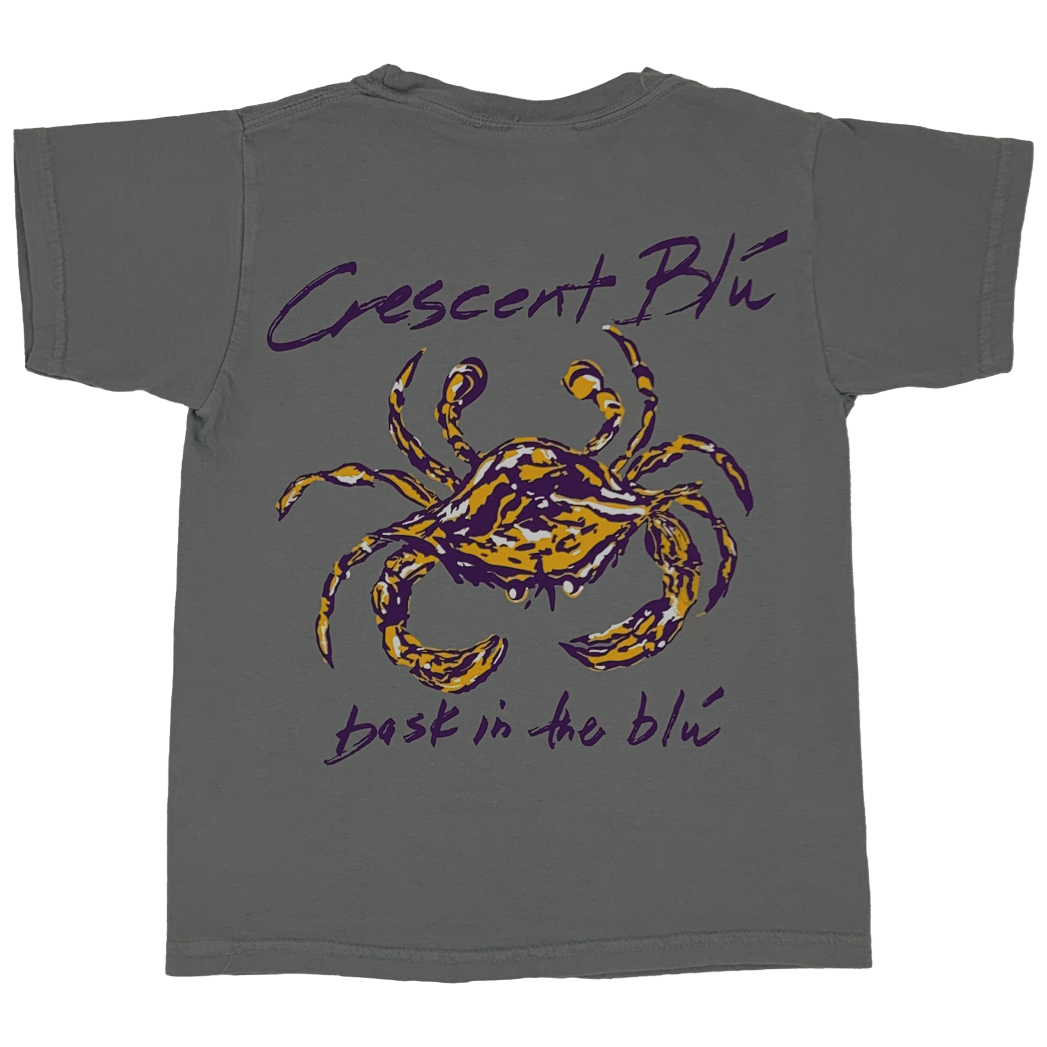 Short sleeve child tee in grey with purple writing that says, Crescent Blu  on the upper back and "bask in the blu" is written on the bottom. A purple, gold and white crab is centered on the back of the shirt. 