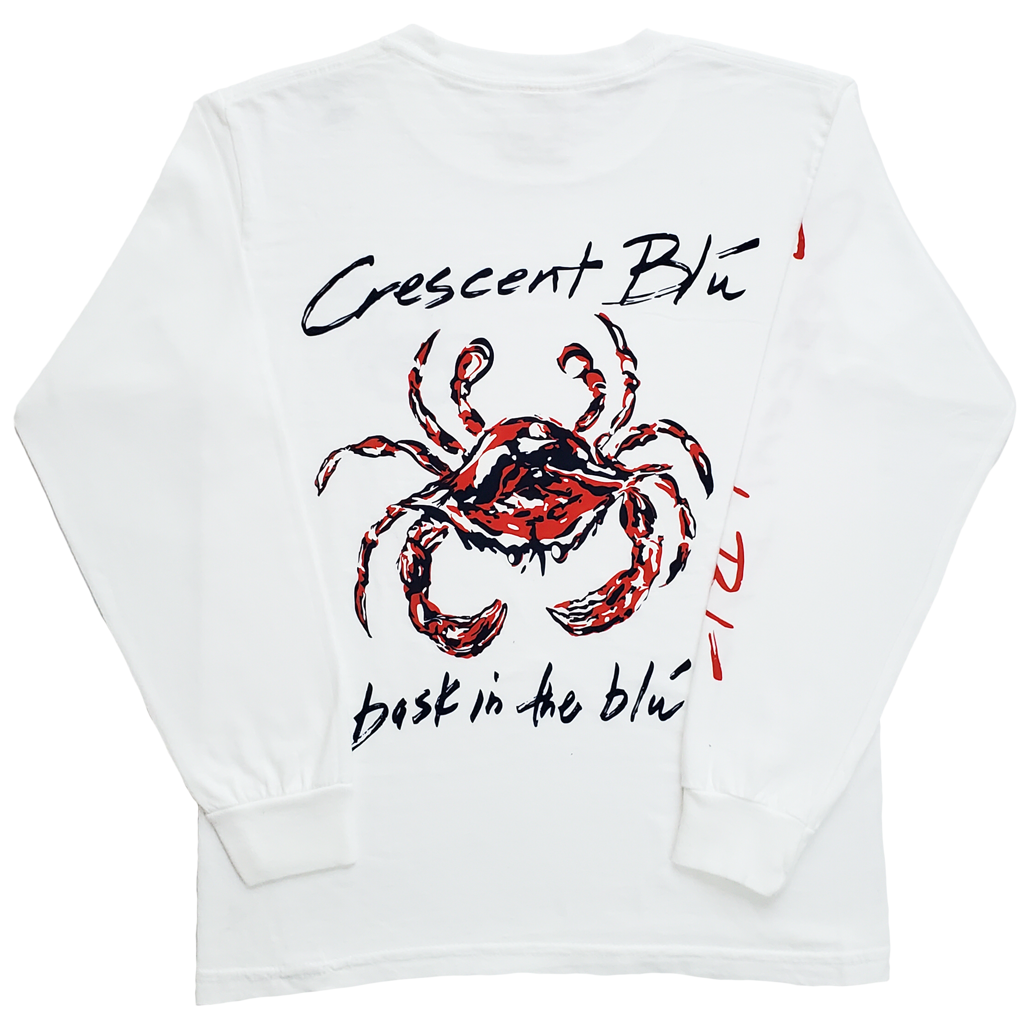 White long sleeve t-shirt with a red, white, and blue crab centered on the back between the words Crescent Blú and bask in the blu.