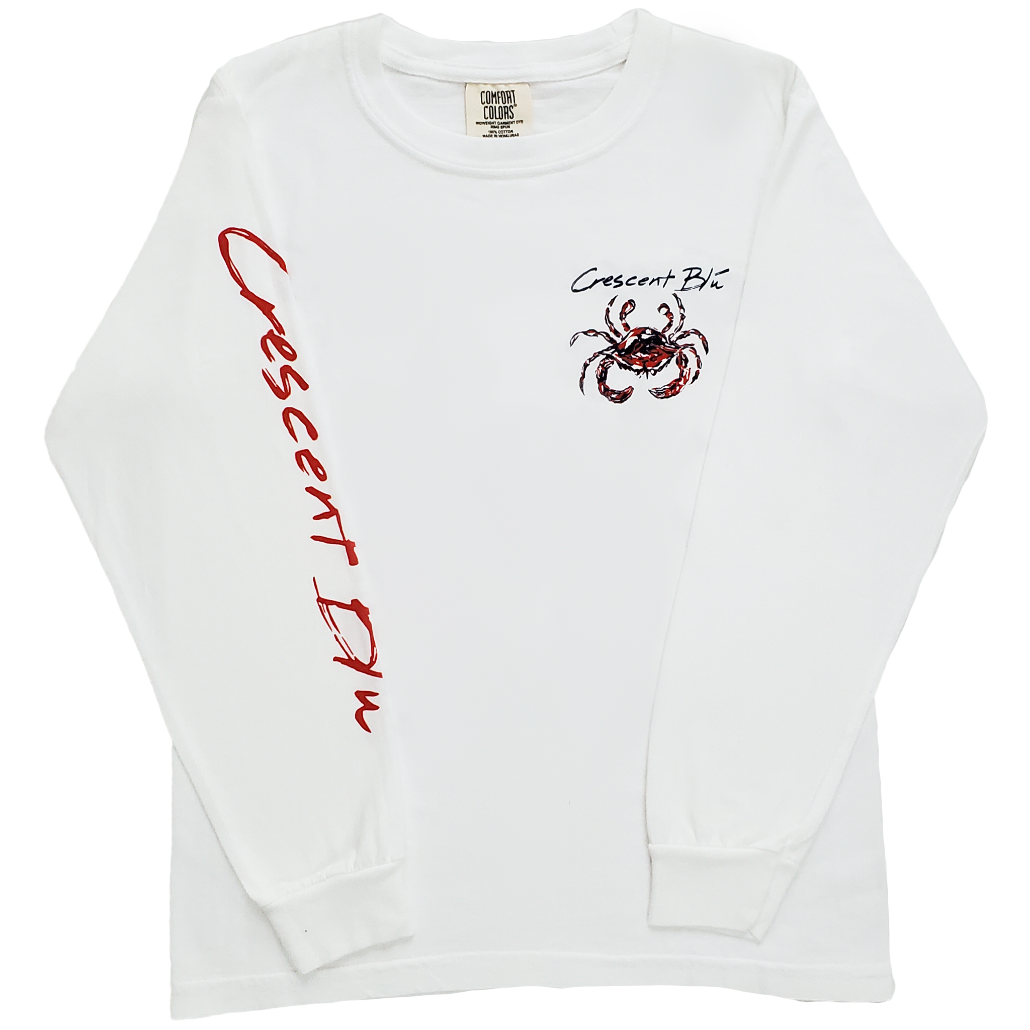 Long sleeve with tee with a red, white, and blue crab on the left chest, and the words Crescent Blú on the right sleeve.