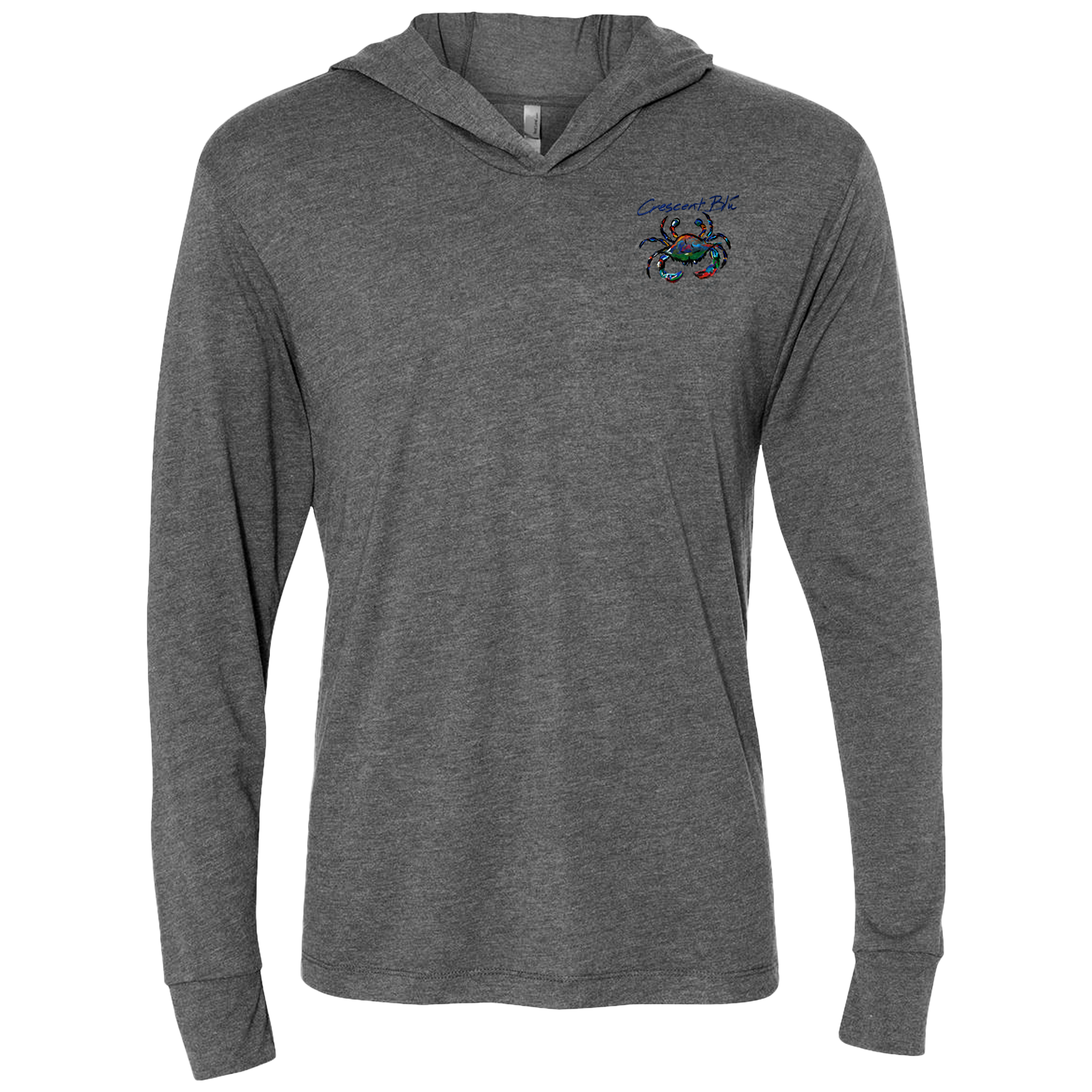 Front of a heather gray t-shirt with cuffed long sleeves and a hood; a colorful blue crab on the left chest. 