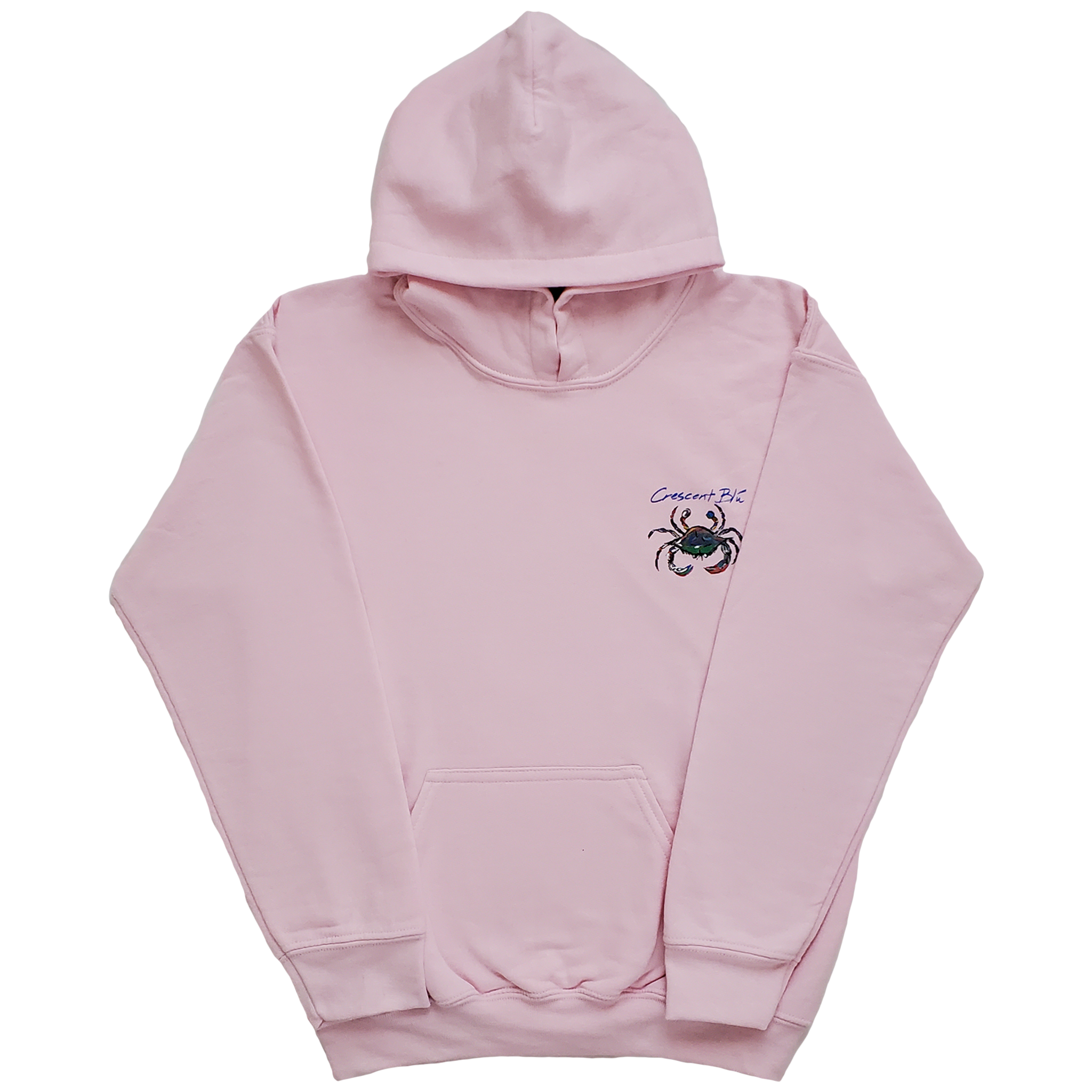 Classic pale pink hooded sweatshirt with Crescent Blu on the left chest above a multi-colored blue crab. Center pocket, ribbed cuffs. 
