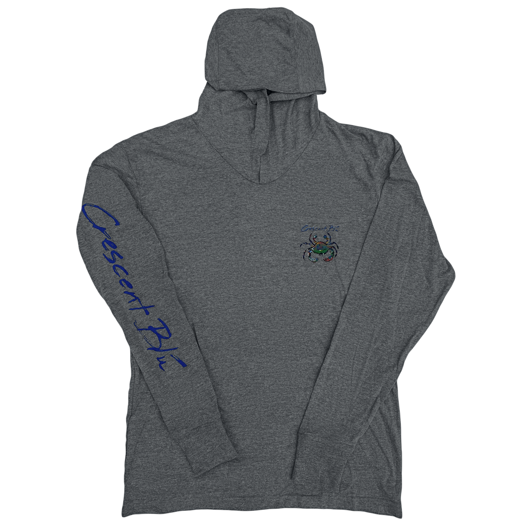 Gray hooded shirt with Crescent Blu down the right sleeve and a colorful blue crab on the left chest.