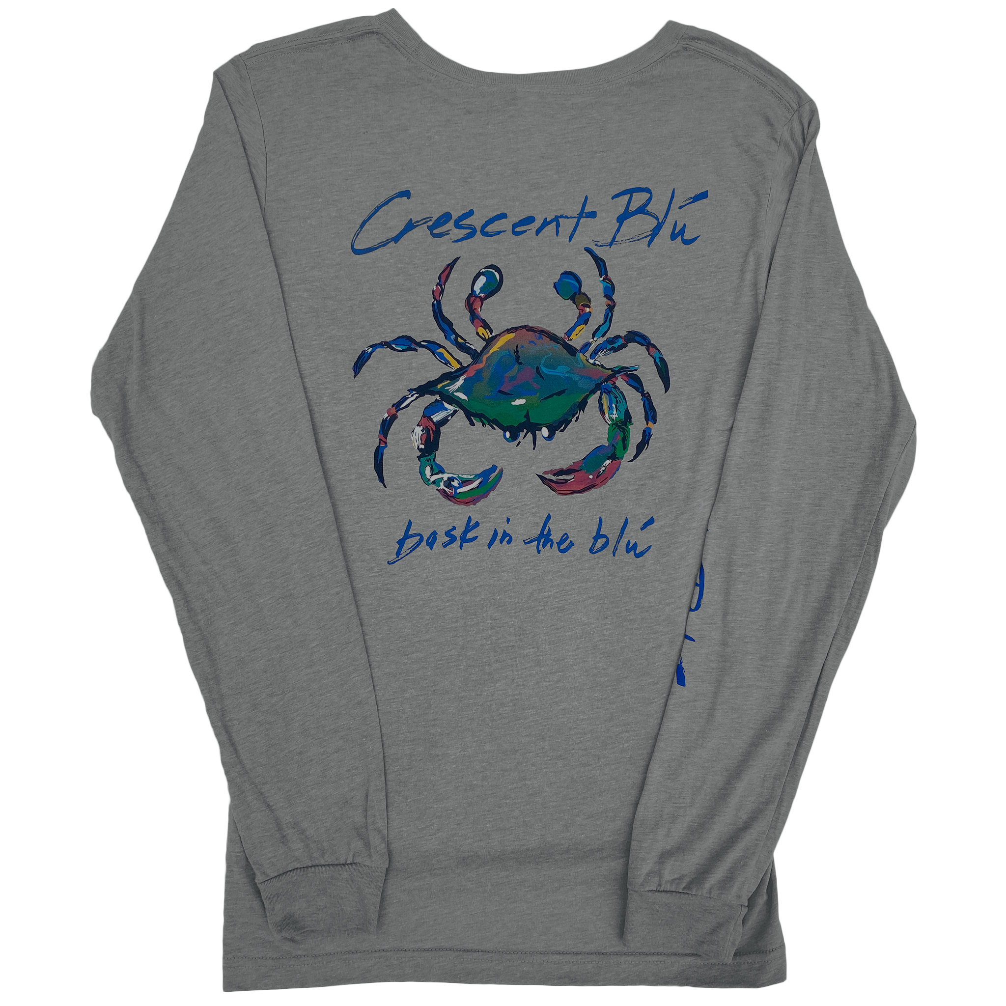 Back view of grey athletic heather adult, long sleeve t-shirt with large multi-colored crab logo 