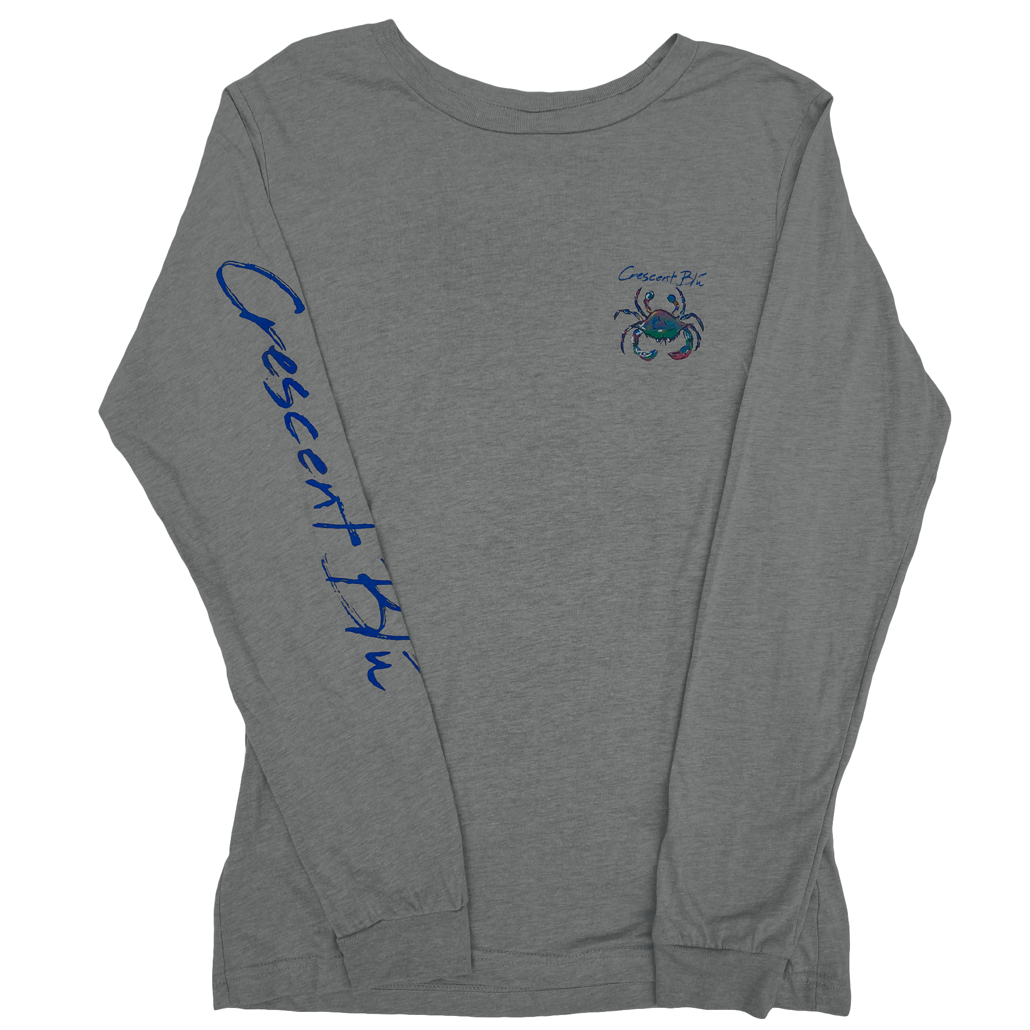 View of front of adult, long sleeve grey athletic heather tee with small multi-colored crab logo on the upper front left chest. No pocket. Crescent Blu printed along the length of the right sleeve. 