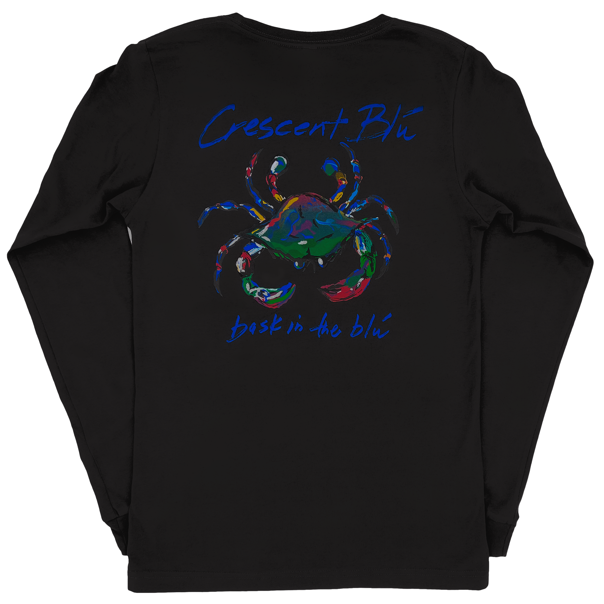 Back view of dark grey adult long sleeve tee with large multi-colored Crescent Blu Signature crab logo printed.